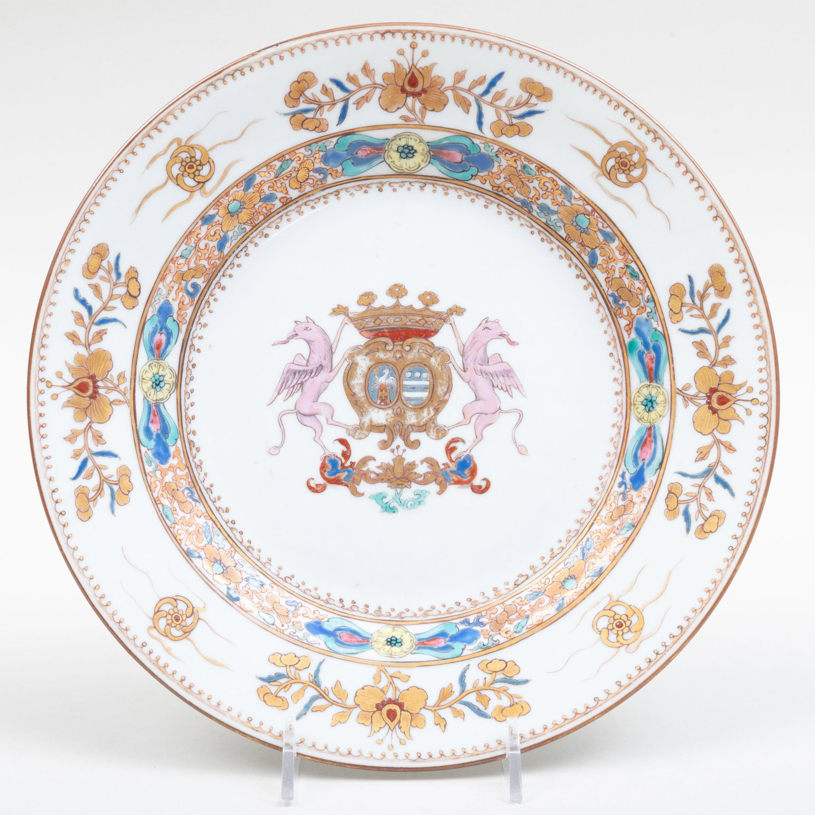 Chinese Export Porcelain Plate Decorated with the: Chinese Export Porcelain Plate Decorated with the Wedding Armorial of Carl Gyllenborg and Sara Derith Wright 9 in. diam. Note: Carl Gyllenborg was associated with the Swedish East India Company. p>