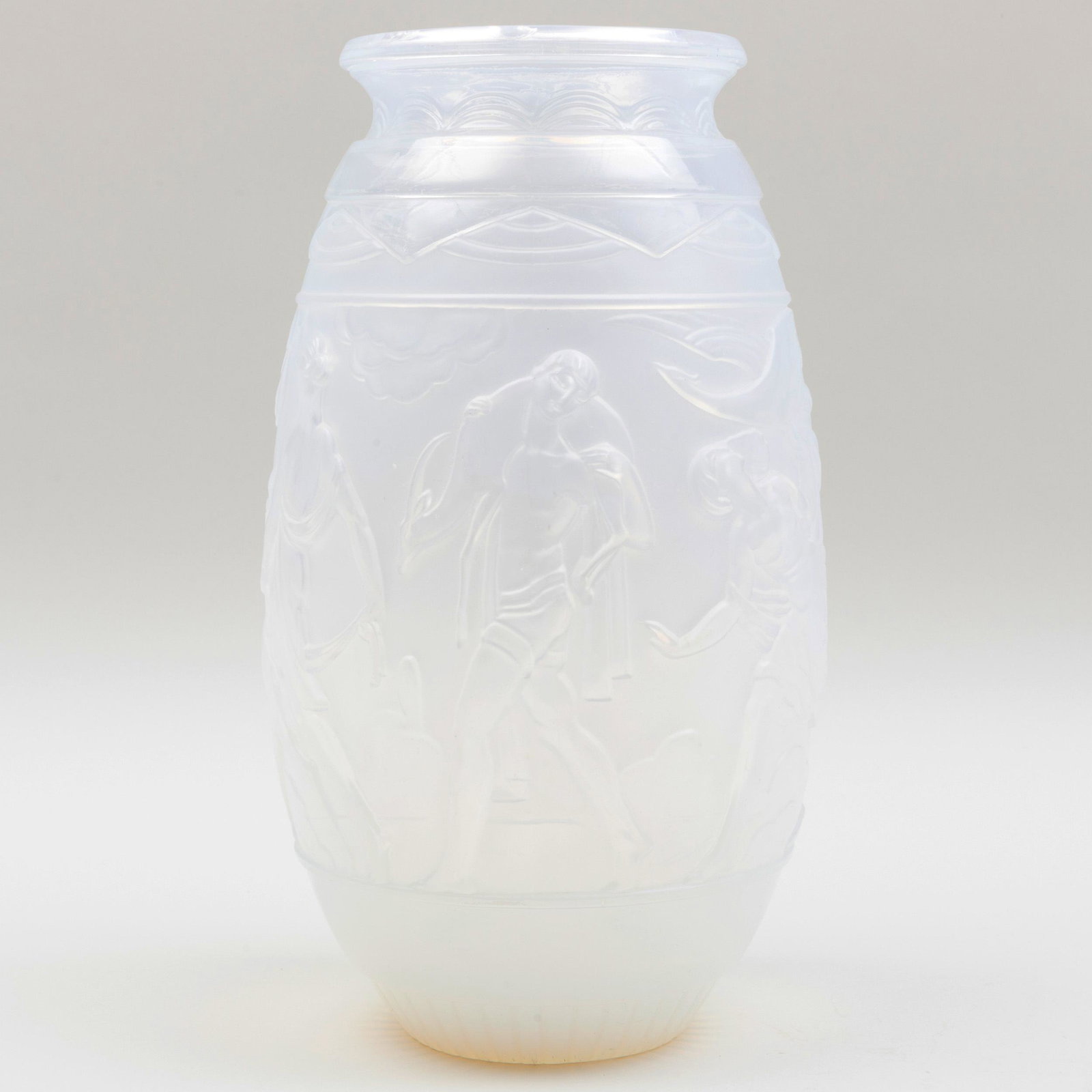 Sabino Art Deco Opalescent Glass Vase: Sabino Art Deco Opalescent Glass Vase Mark to base; decorated in frieze with archers and hunting scene. 16 1/2 in. high. p> Property From the Collection of Teddy & Arthur Edelman