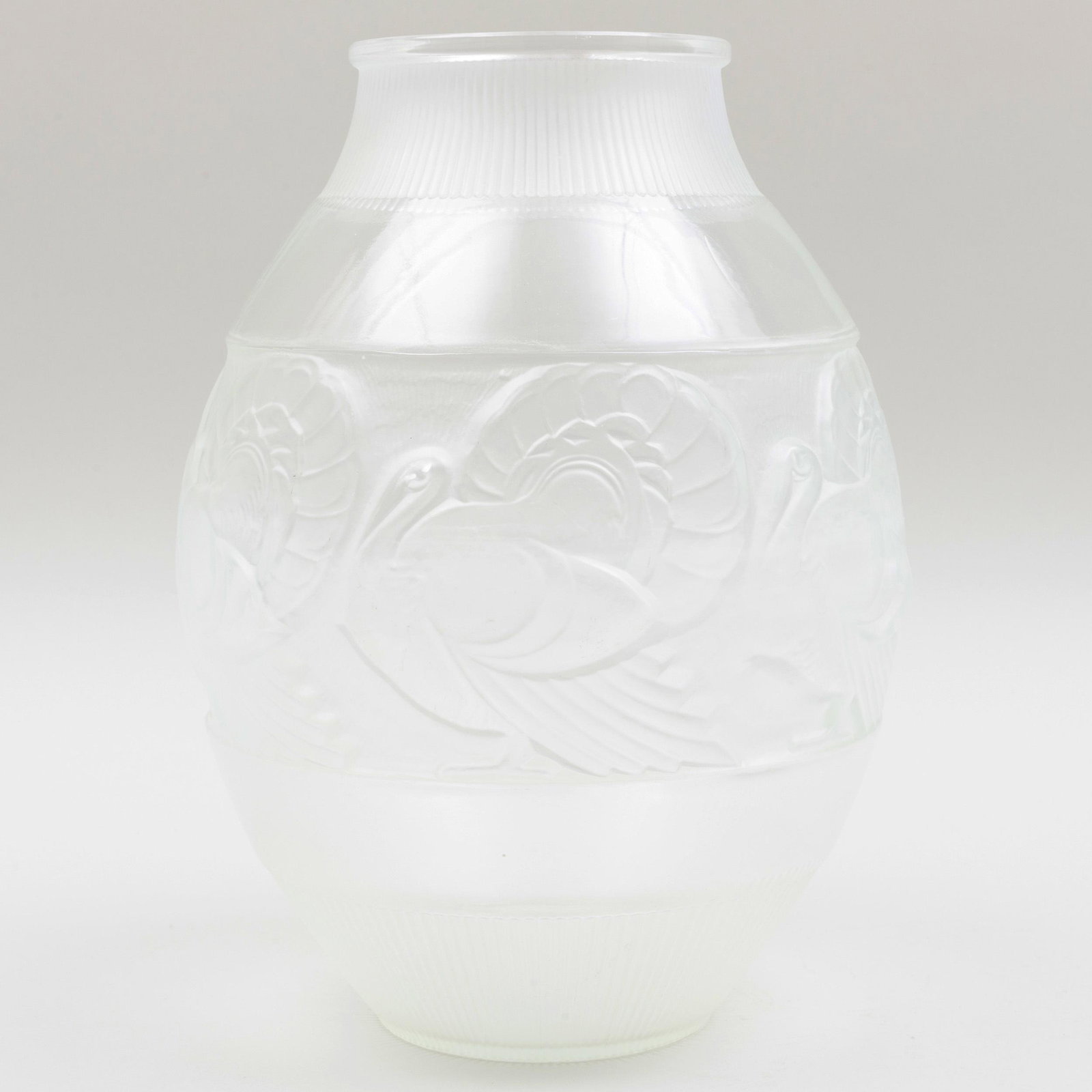 Sabino Art Deco Clear Glass Vase: Sabino Art Deco Clear Glass Vase Mark to base; molded with a frieze of turkeys. 14 in. high. p> Property From the Collection of Teddy & Arthur Edelman