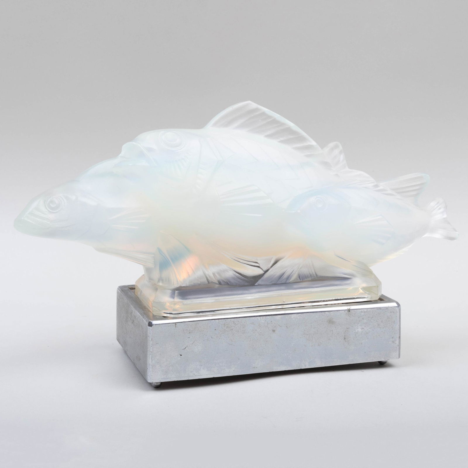 Sabino Art Deco Molded Opalescent Glass Fish Form Table: Sabino Art Deco Molded Opalescent Glass Fish Form Table Lamp Signed in etch and 'Paris'. 14 1/2 in. long. p> Property From the Collection of Teddy & Arthur Edelman