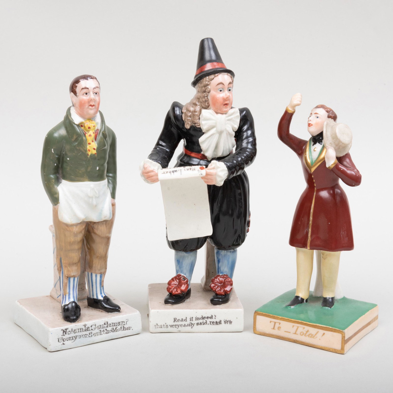 Pair of Enoch Wood English Pearlware Theatrical Figures: Pair of Enoch Wood English Pearlware Theatrical Figures and Another Figure The pair with various impressed marks. The largest 7 1/2 in. high. p> Sold Woolley & Wallace, UK, May 23, 2017, Lot 387. Prop