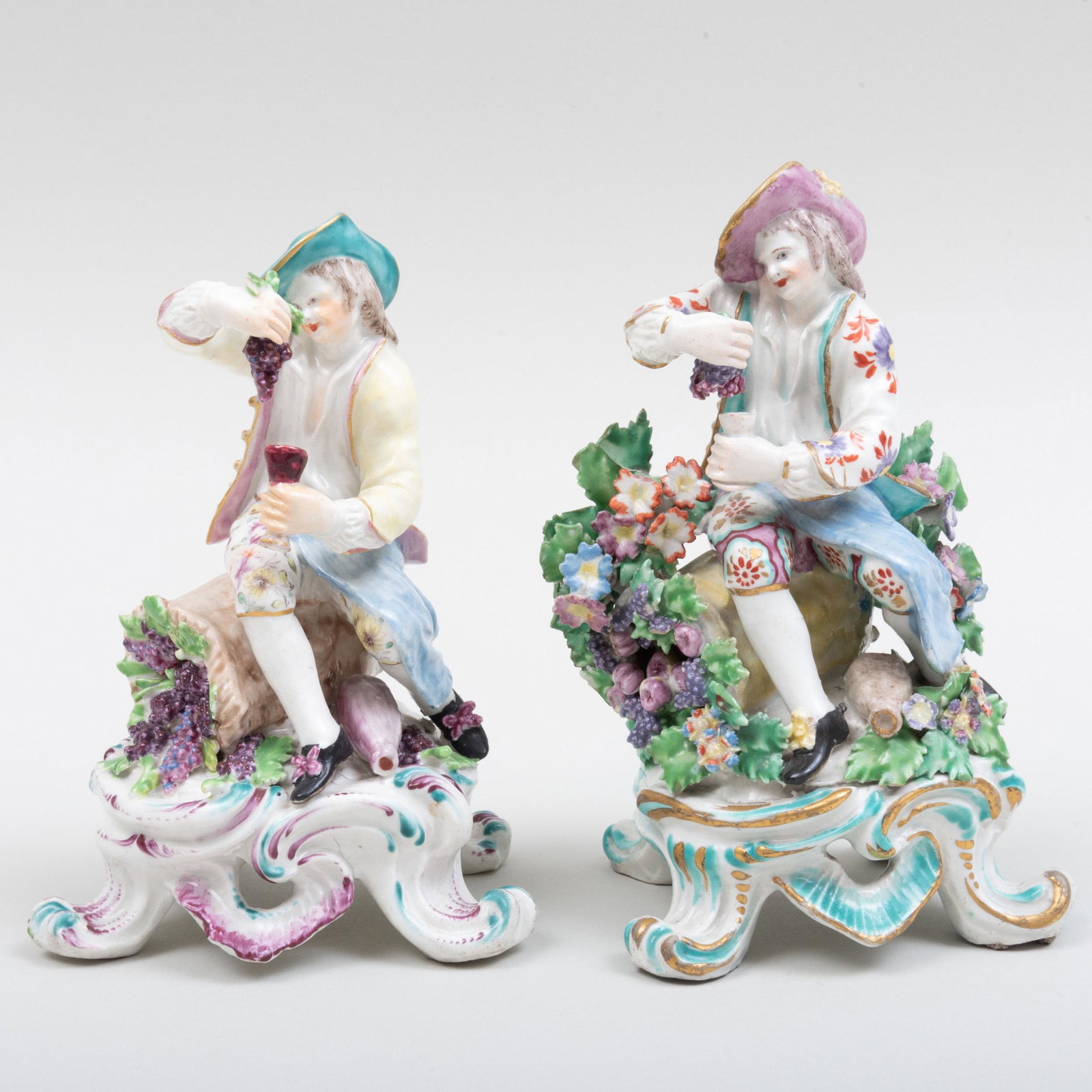 Bow Porcelain Figure of a Vintner and a Similar Figure: Bow Porcelain Figure of a Vintner and a Similar Figure of a Vintner The Bow figure with iron red painted anchor and dagger mark. 6 1/2 in. high. p> One with labels for Jas. A. Lewis, NY; Seidenberg An