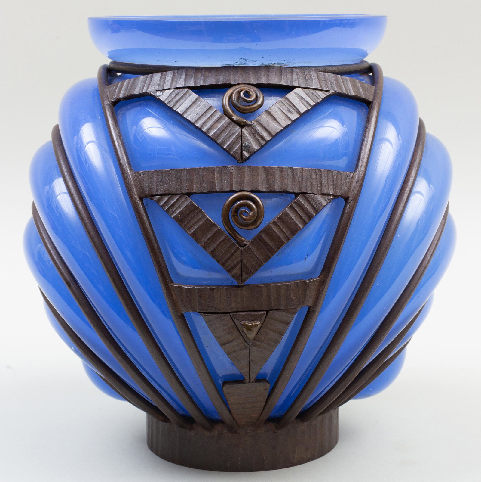 Majorelle Wrought Iron Mounted Daum Glass Vase: Majorelle Wrought Iron Mounted Daum Glass Vase Signed in etch and with cross of Lorraine. 10 1/2 x 9 in. diam. p> Property from a Distinguished New York City Collector