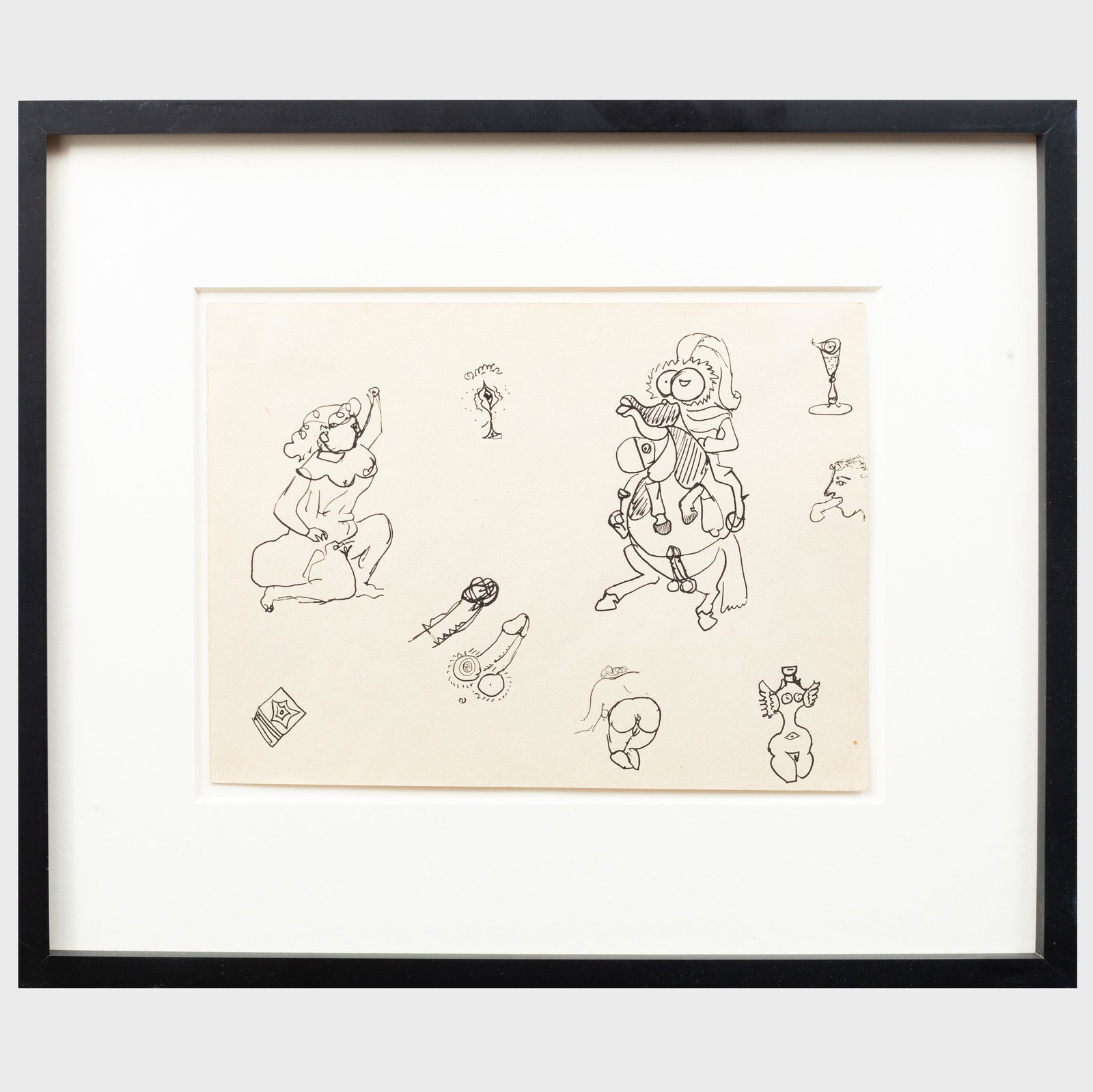 John D. Graham (1881-1961): Untitled (Erotic Drawing): John D. Graham (1881-1961): Untitled (Erotic Drawing) Ink on paper, c. 1941, unsigned, with label from Allan Stone Gallery. 8 3/4 x 12 in. (sight), 16 1/4 x 19 1/4 in. (frame). From the Allan Stone Co