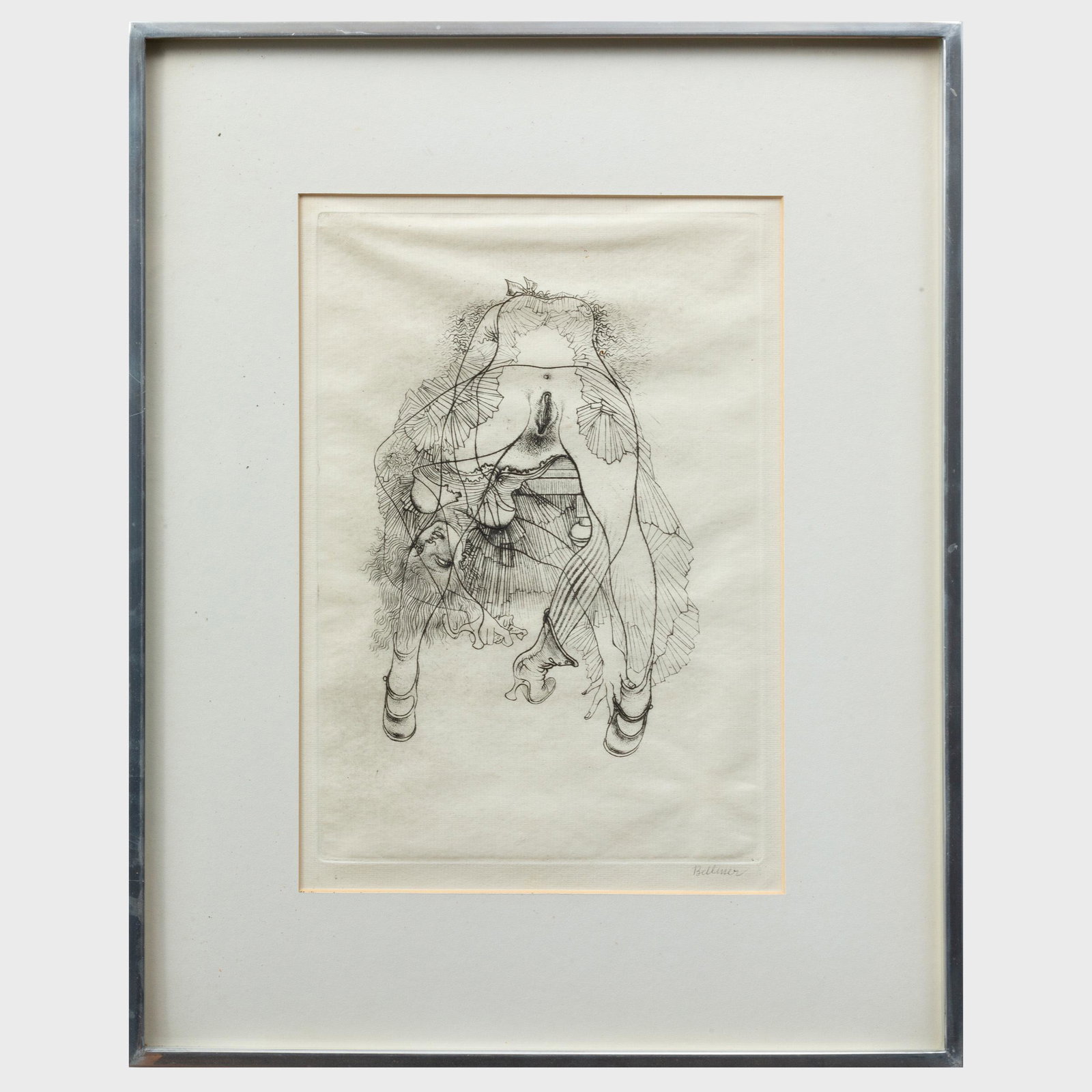 Hans Bellmer (1902-1975): Untitled, from Histoire de: Hans Bellmer (1902-1975): Untitled, from Histoire de L'Oeil Engraving in black on laid paper, signed in pencil, 1947. 11 1/2 x 8 in. (sheet), 15 3/4 x 12 1/2 in. (frame). Note: Histoire de l'Oeil is 