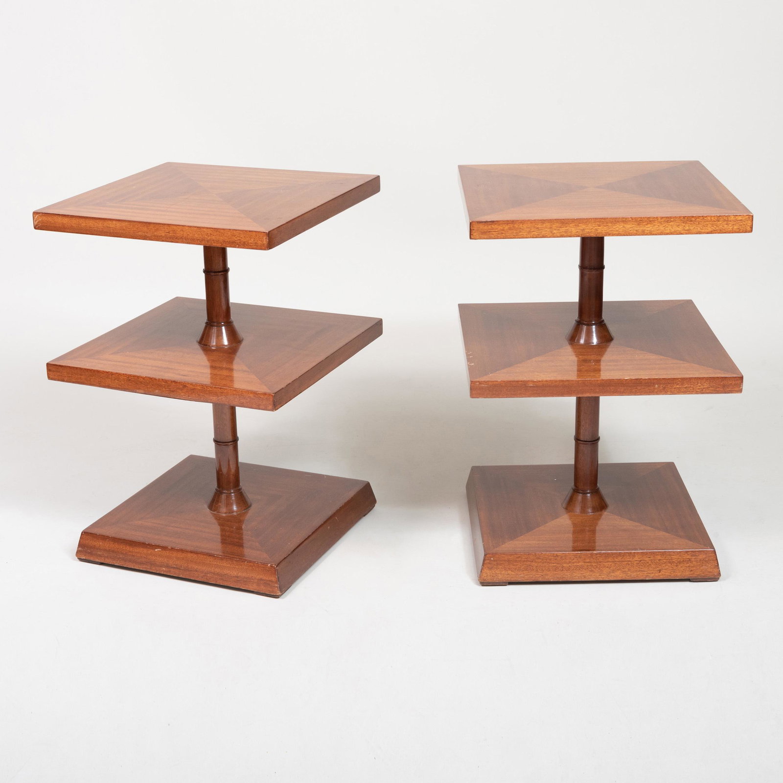 Pair of Art Deco Mahogany Three-Tiered Side Tables: Pair of Art Deco Mahogany Three-Tiered Side Tables 26 1/2 x 18 x 18 in.