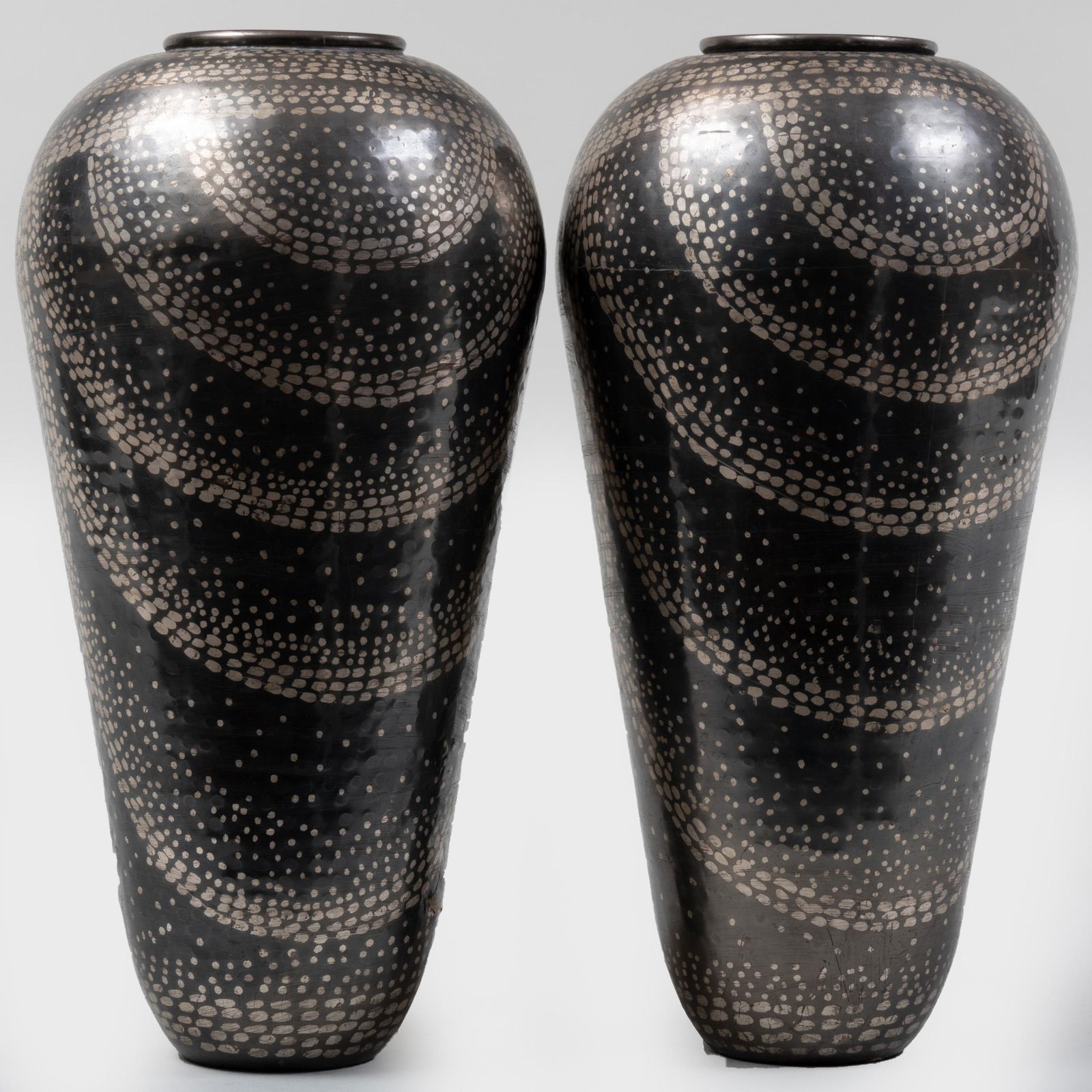 Pair of Jean Dunand Style Mixed Metal Vases: Pair of Jean Dunand Style Mixed Metal Vases 17 1/2 in. high.
