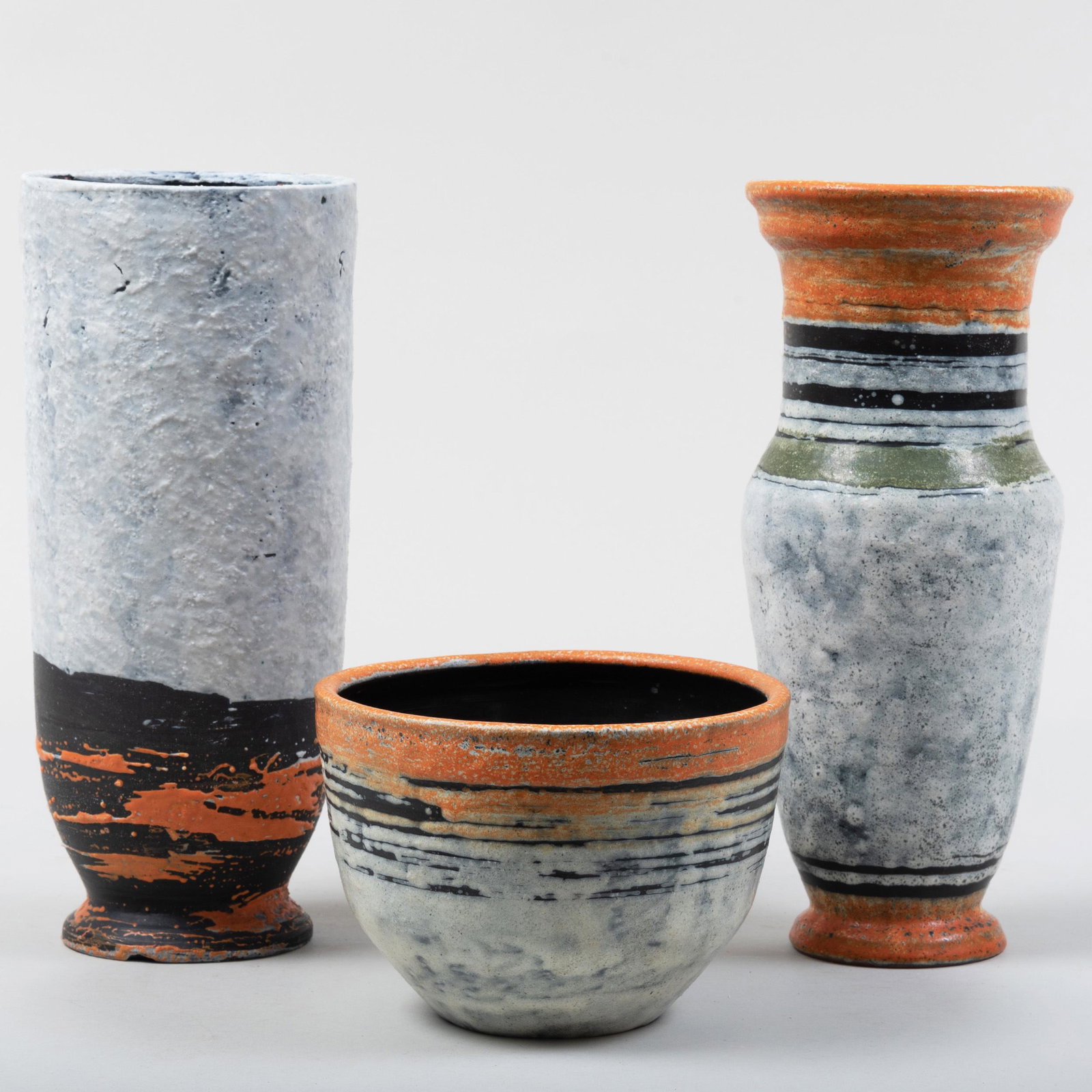 Group of Three Gorka Livia Glazed Earthenware Vessels: Group of Three Gorka Livia Glazed Earthenware Vessels Each signed 'Gorka Livia'. Comprising: A bowl A cylindrical vase A baluster vase The tallest 11 1/4 in. high. Literature: For similar examples see