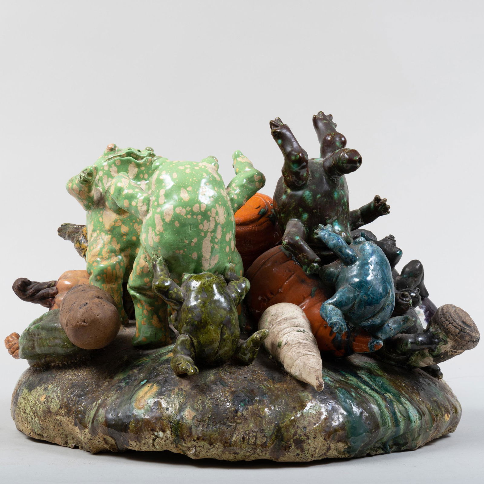 David Gilhooly (1943-2013): Frog Orgy: David Gilhooly (1943-2013): Frog Orgy Glazed earthenware, 1973, signed 'Gilhooly' and dated on base. 14 x 18 in. diam. Property from the Collection of Prince Ivan Obolensky