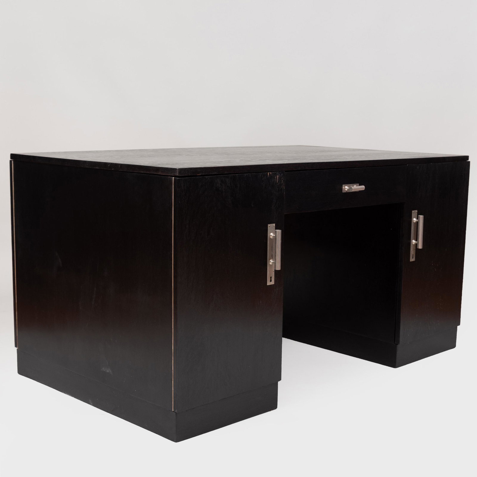 Austrian Art Deco Style Chrome-Mounted Ebonized: Austrian Art Deco Style Chrome-Mounted Ebonized Partners Desk Fitted with drawers and cupboards to each side. 30 x 4 ft. 9 in. x 34 1/2 in.