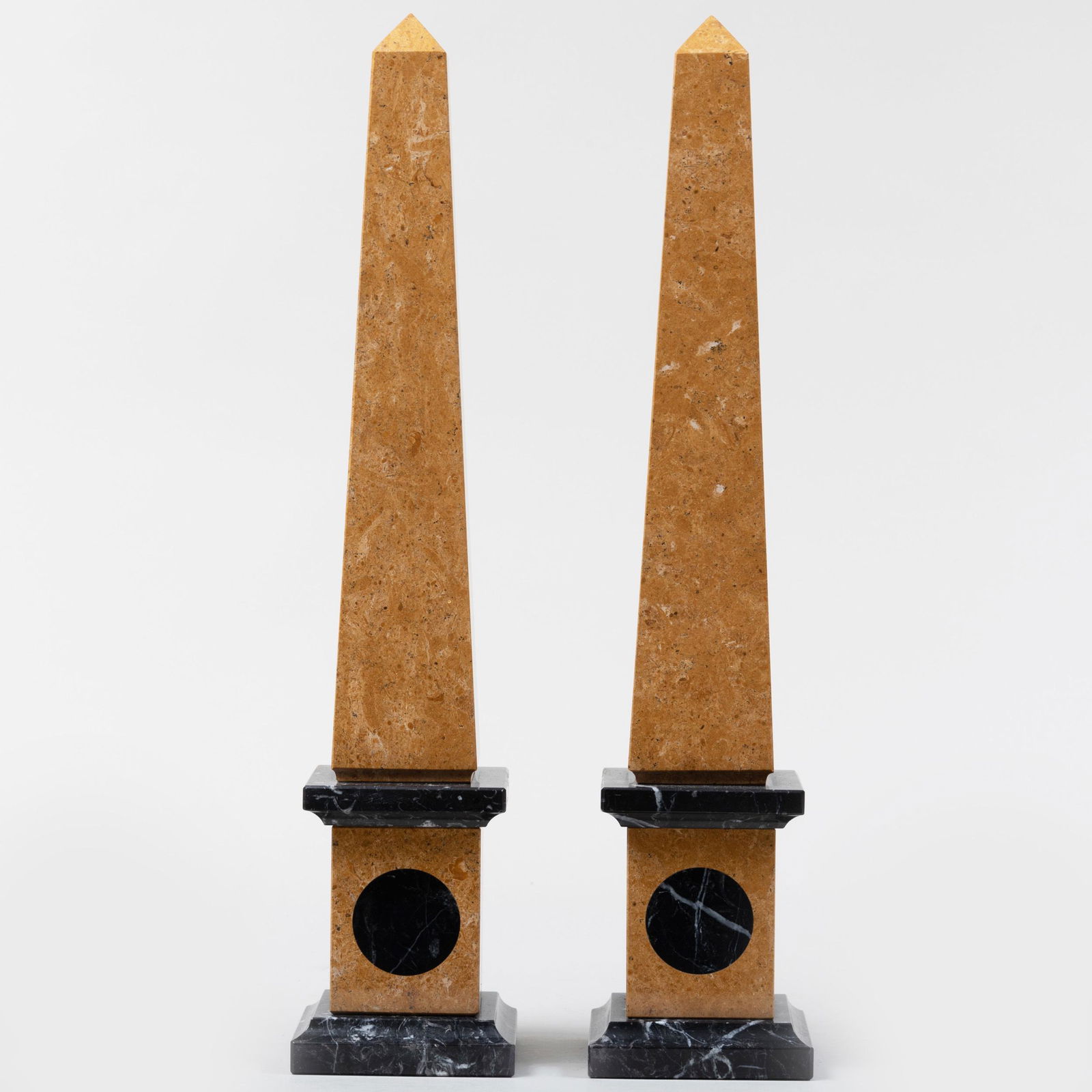 Pair of Sienna and Black Marble Obelisks: Pair of Sienna and Black Marble Obelisks 20 in. high.