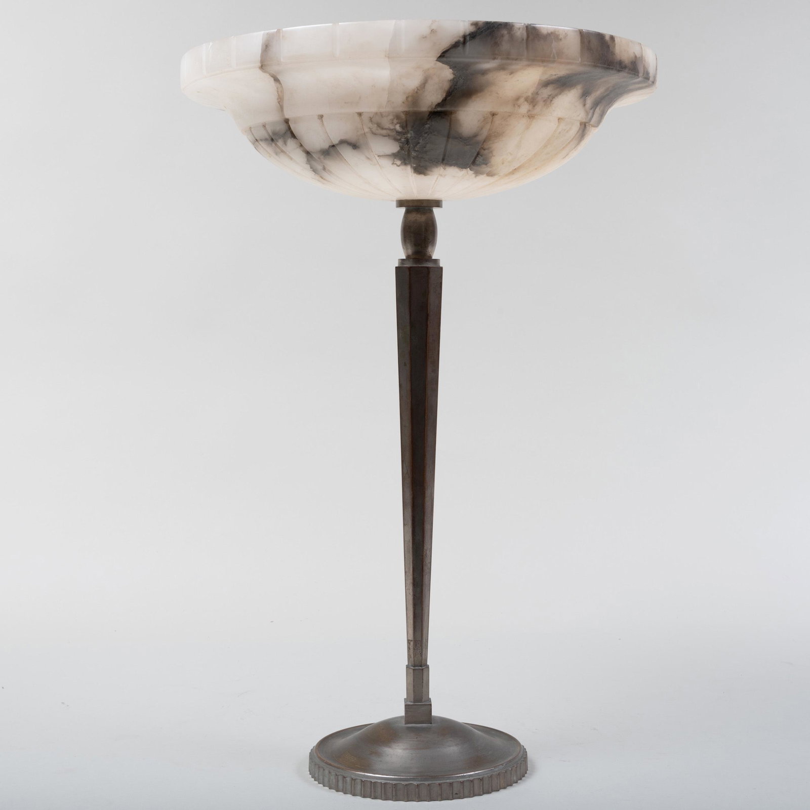 Art Deco Patinated Metal Lamp with Alabaster Shade: Art Deco Patinated Metal Lamp with Alabaster Shade 19 in. high, the shade 14 in. diam.