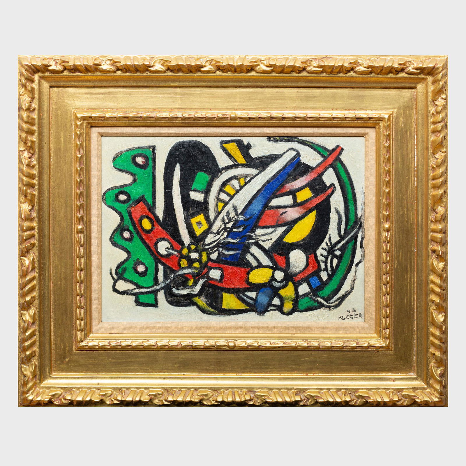 Attributed to Fernand Leger (1881-1955): Composition: Attributed to Fernand Leger (1881-1955): Composition Oil on canvasboard, 1943, signed 'F. Leger' and dated lower right, inscribed 'Equisse/43/F. Leger' on the reverse, with label from Paul Rosenberg &