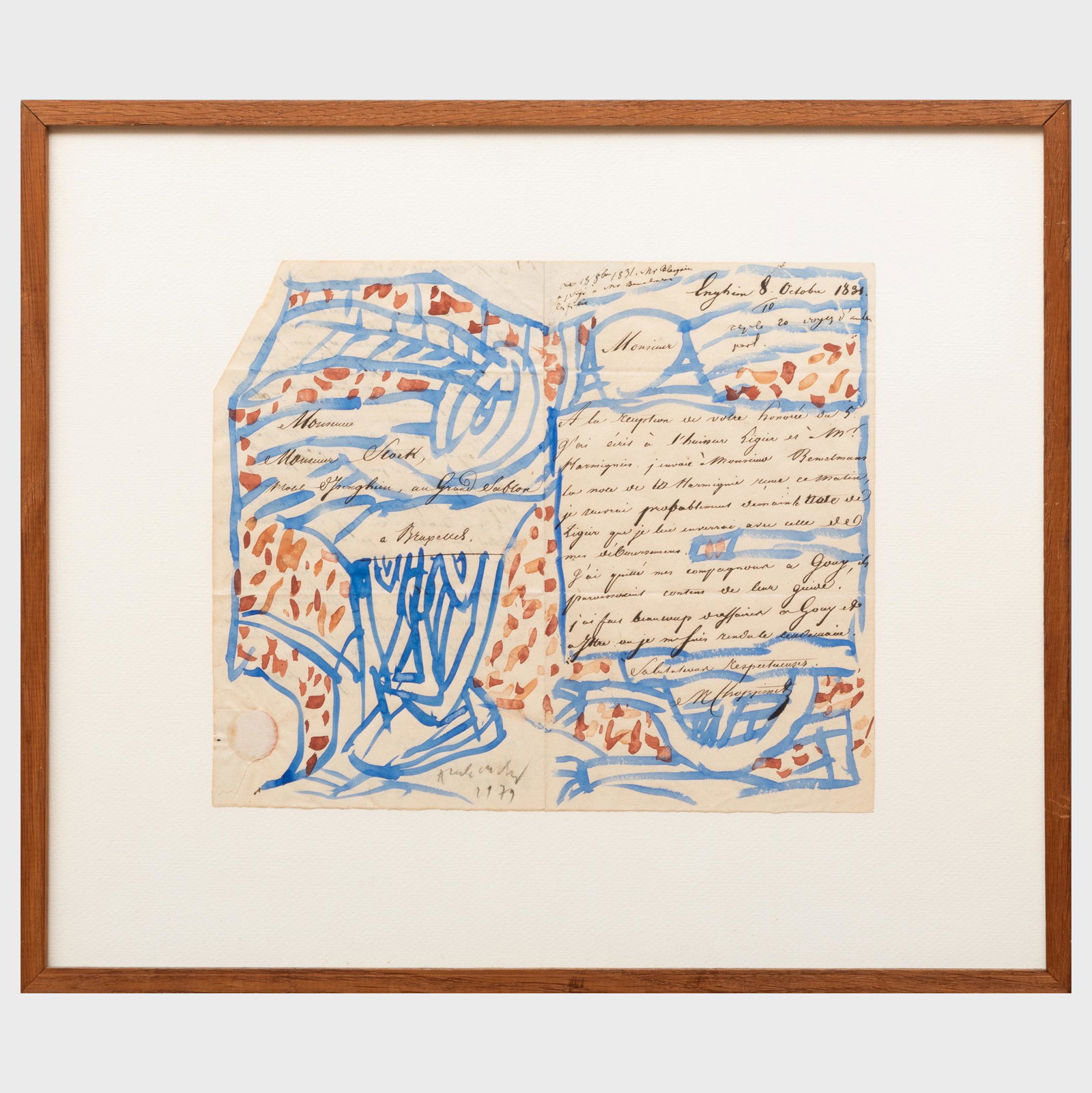 Pierre Alechinsky (b. 1927): Les messieurs ne se: Pierre Alechinsky (b. 1927): Les messieurs ne se piquent pas d'exactitude Watercolor on handwritten letter, 1979, signed 'Alechinsky' and dated lower center, with label from Galerie Maeght, Paris. 8 1