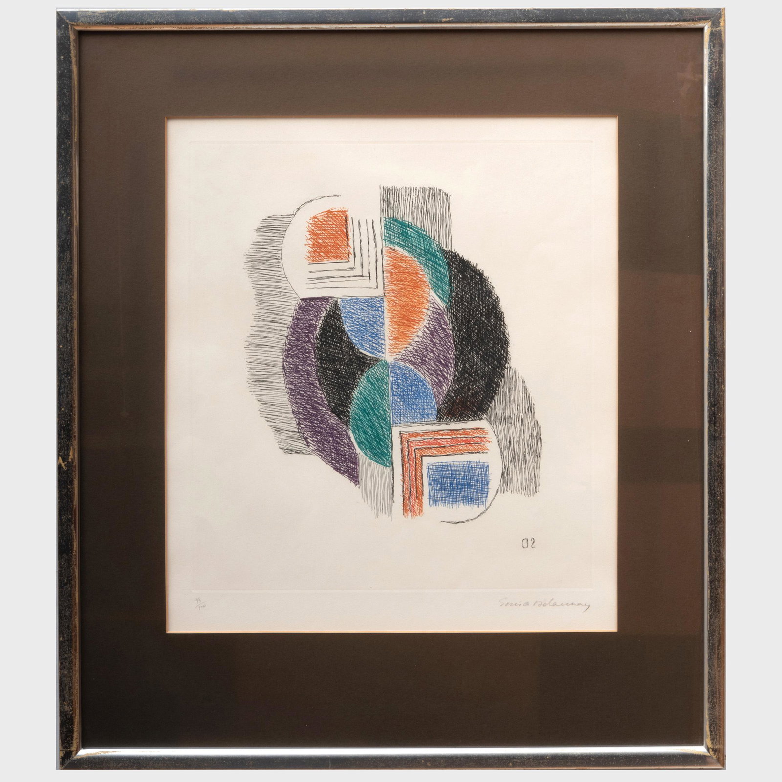 Sonia Delaunay (1885-1979): Untitled: Sonia Delaunay (1885-1979): Untitled Etching in colors on wove paper, signed in pencil, numbered 93/100. 18 1/4 x 15 3/4 in. (sight), 27 x 23 1/2 in. (frame). Exhibited: New Rochelle Public Library, 