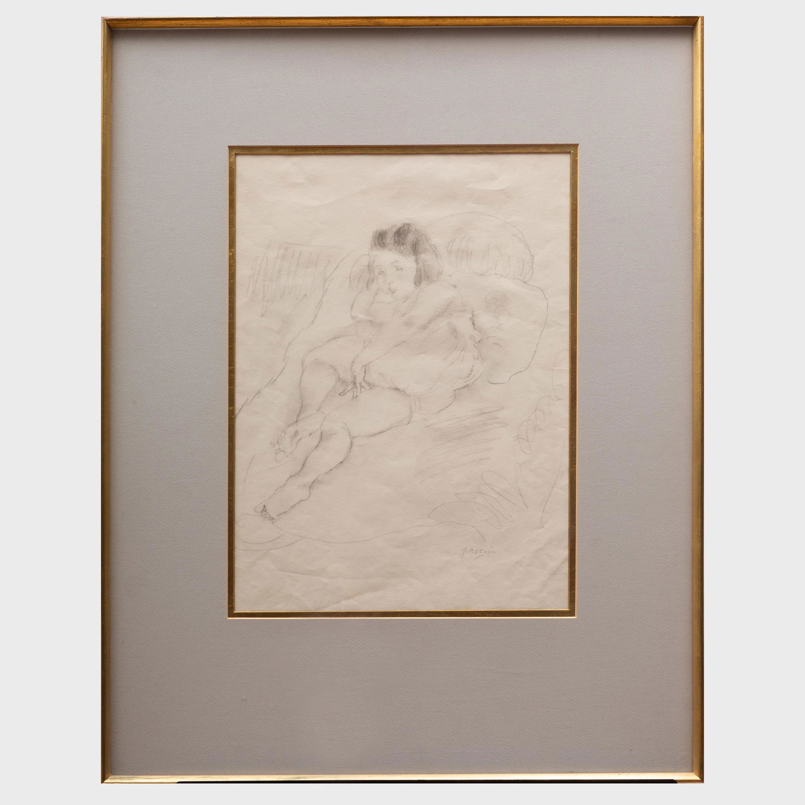 Jules Pascin (1885-1930): Jeune fille assise: Jules Pascin (1885-1930): Jeune fille assise Pencil and charcoal on paper, c. 1925, signed 'Pascin' lower right. 19 1/4 x 12 1/2 in. (sheet), 27 1/2 x 21 3/4 in. (frame). The Estate of Byron Goldman;