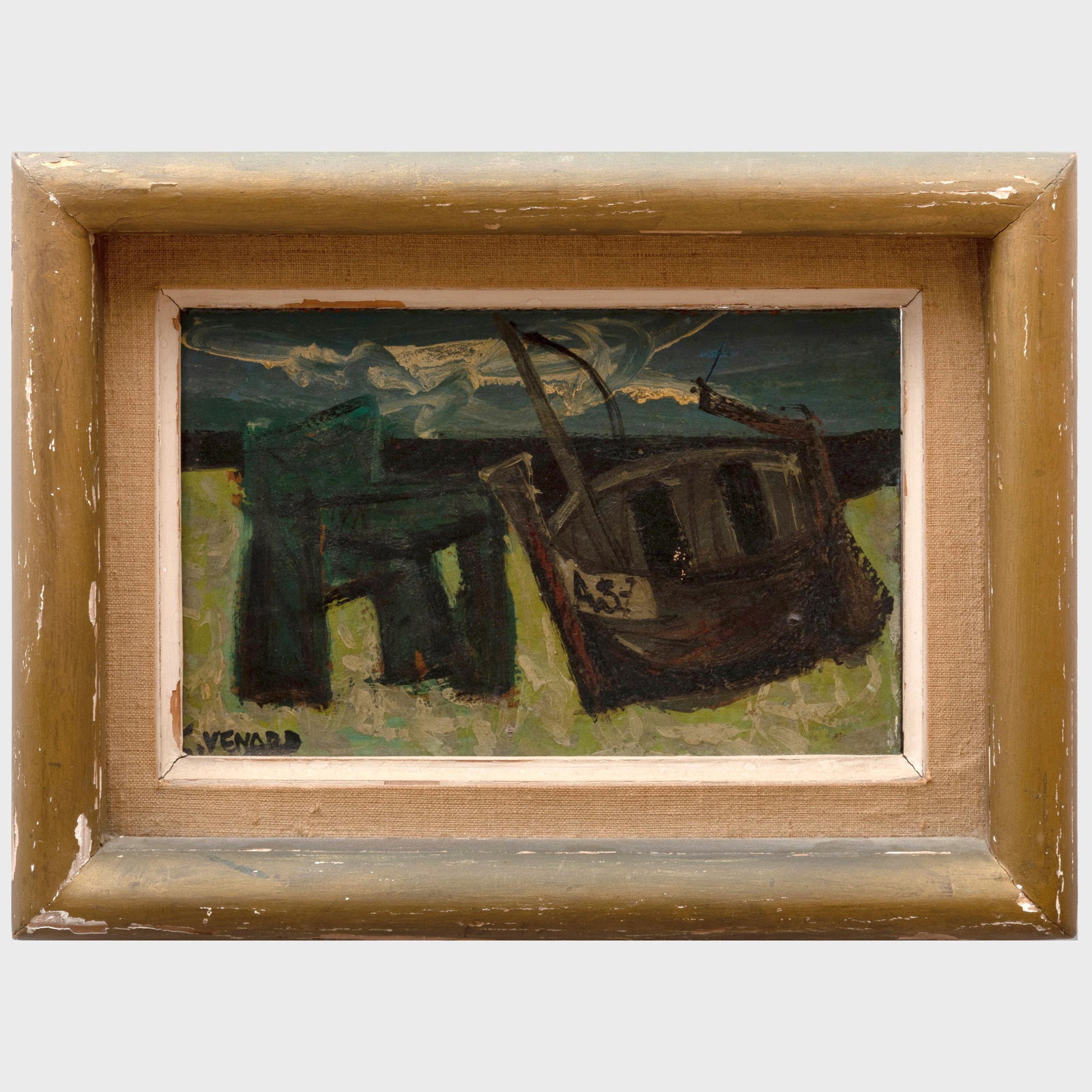 Claude Venard (1913-1999): Chair and Boat on Stormy Bea: Claude Venard (1913-1999): Chair and Boat on Stormy Beach Oil on masonite, signed 'C. Venard' lower left. 6 1/4 x 10 in., 10 1/4 x 14 in. (frame). Property from the Estate of Luce Klein