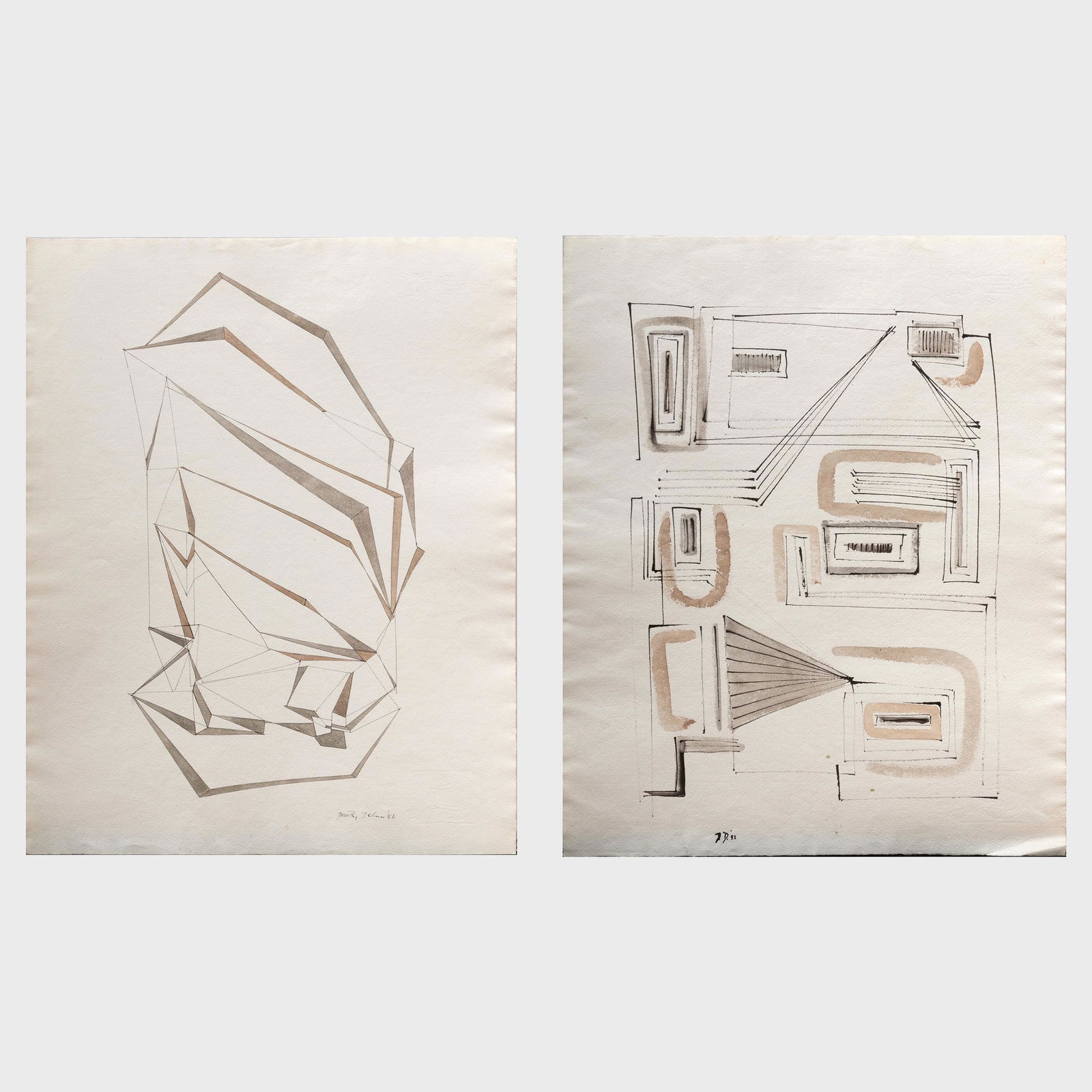 Dorothy Dehner (1901-1994): Cage for a Walking Stick;: Dorothy Dehner (1901-1994): Cage for a Walking Stick; and #62 Two ink and watercolor on paper, 1952, signed 'Dorothy Dehner' and dated lower left and signed with initials 'DD' and dated lower right re