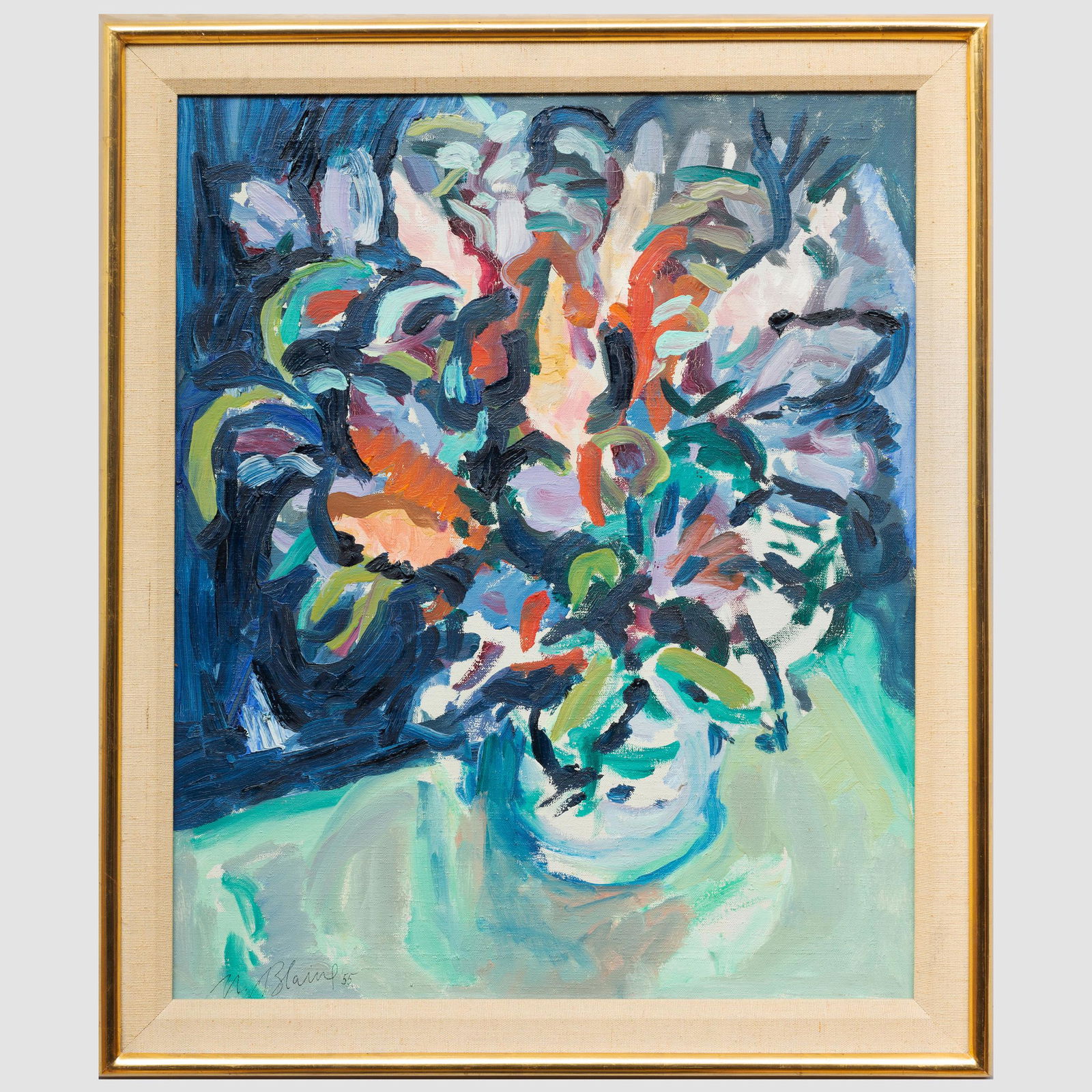 Nell Blaine (1922-1966): Vermont Bouquet: Nell Blaine (1922-1966): Vermont Bouquet Oil on canvas, 1955, signed 'N. Blaine' and dated lower left, with label from Poindexter Gallery, NY and Rental Gallery Baltimore Museum of Art. 21 x 17 in., 2
