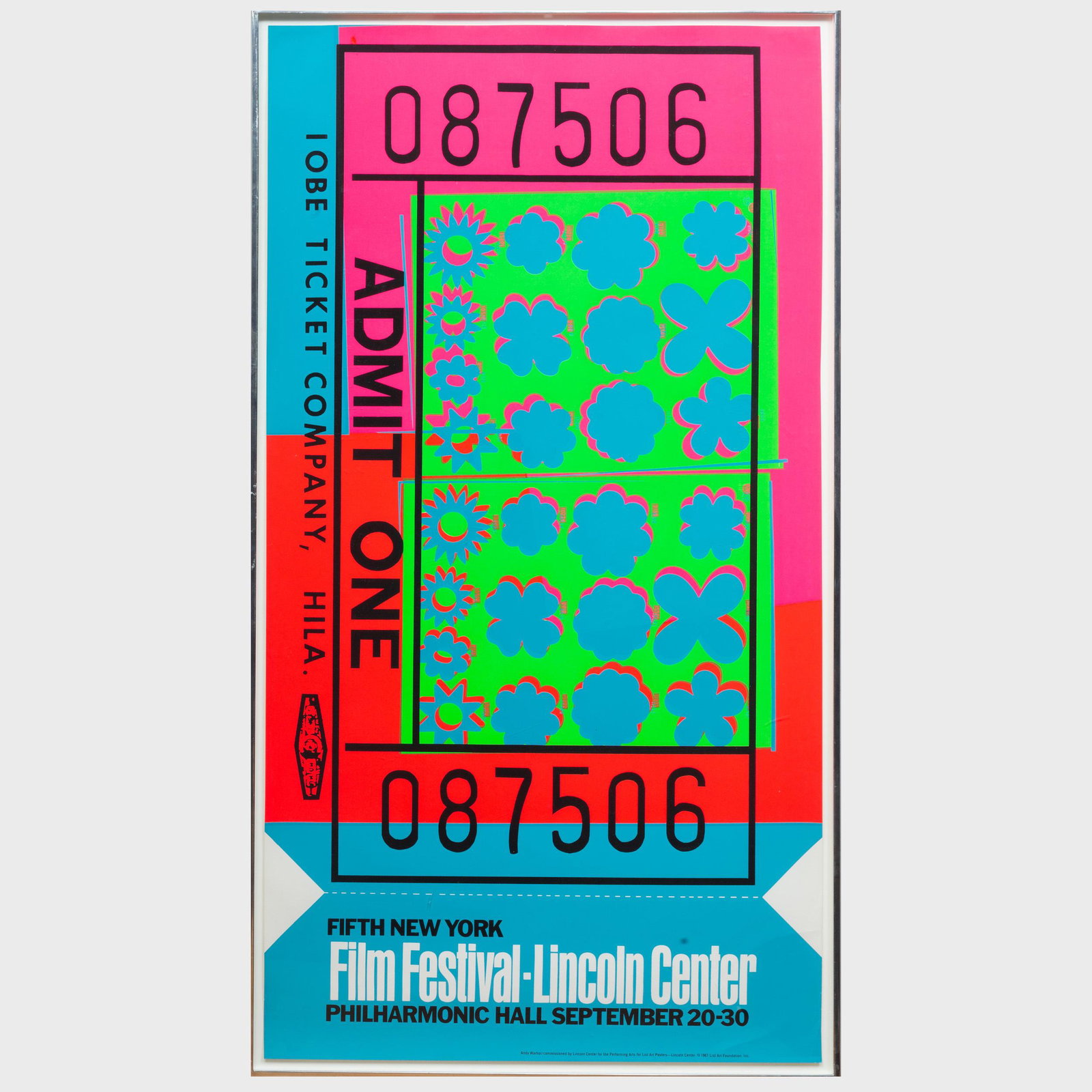 Andy Warhol (1928-1987): Lincoln Center Ticket: Andy Warhol (1928-1987): Lincoln Center Ticket Screenprint in colors on coated wove paper, 1967, from the edition of approximately 200. 45 x 24 in. (sheet), 36 1/2 x 25 3/4 in. (frame). Literature: Fe
