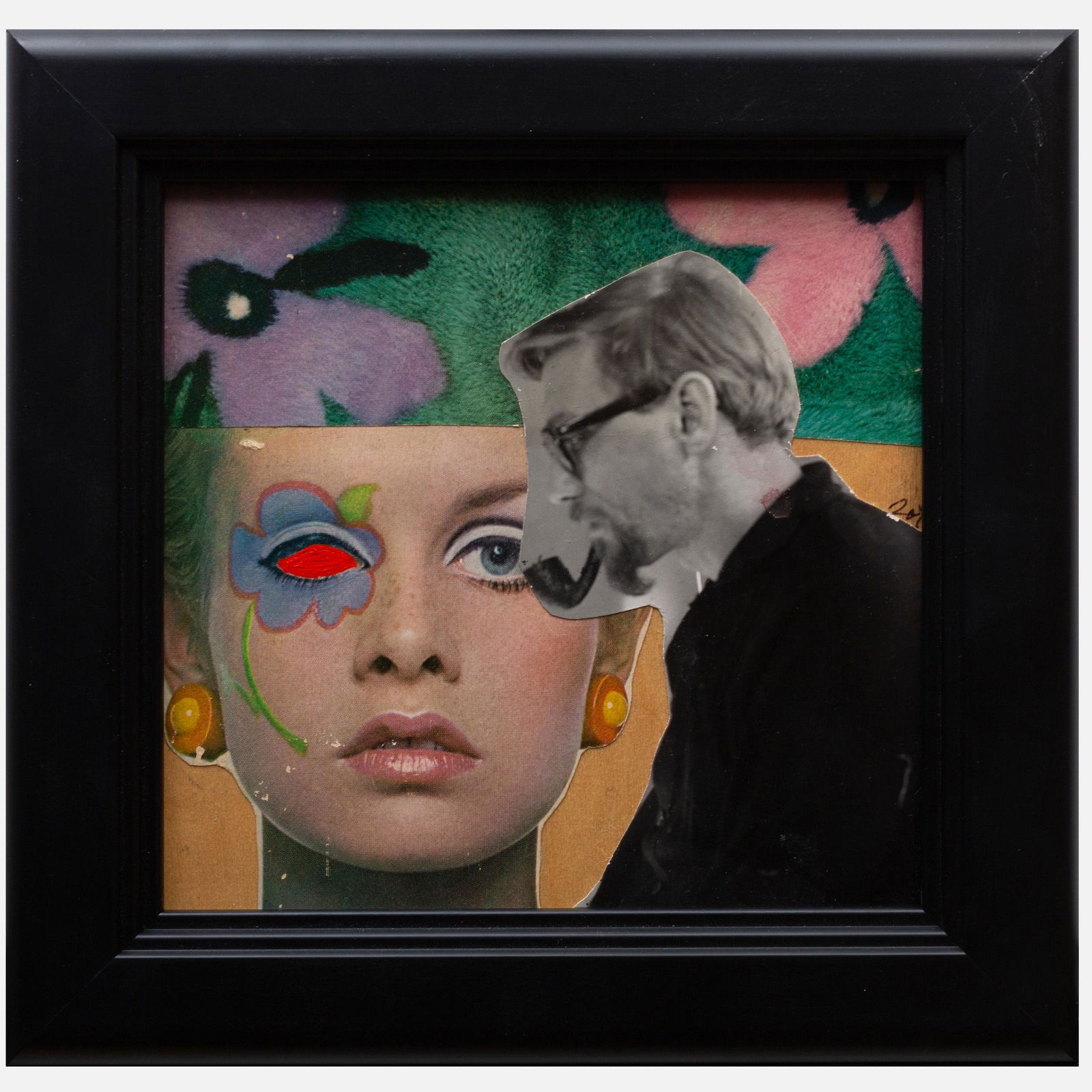 Jack Roth (1927-2004): Jack & Twiggy: Jack Roth (1927-2004): Jack & Twiggy Mixed media collage on board, c. 1960, signed 'Roth' center right, with the Jack Roth Estate inkstamp on the reverse. 7 x 7 in., 9 x 9 in. (frame). The estate of t