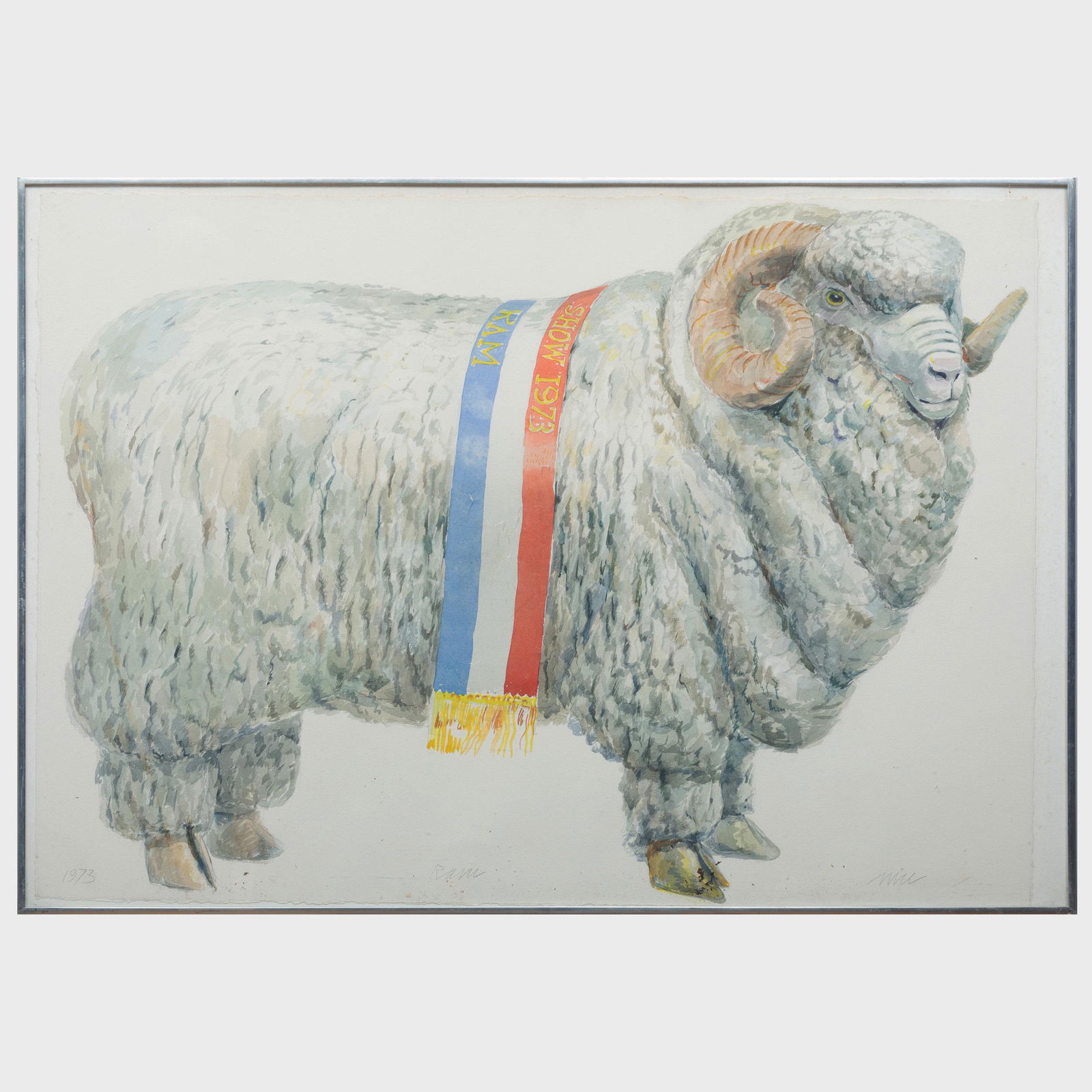 Don Nice (1932-2019): The Ram: Don Nice (1932-2019): The Ram Watercolor on paper, 1973, signed 'Nice' lower right, dated lower left, titled lower center, with label from Kornblee, NY. 25 x 35 in. (sheet), 26 x 37 1/2 in. (frame).