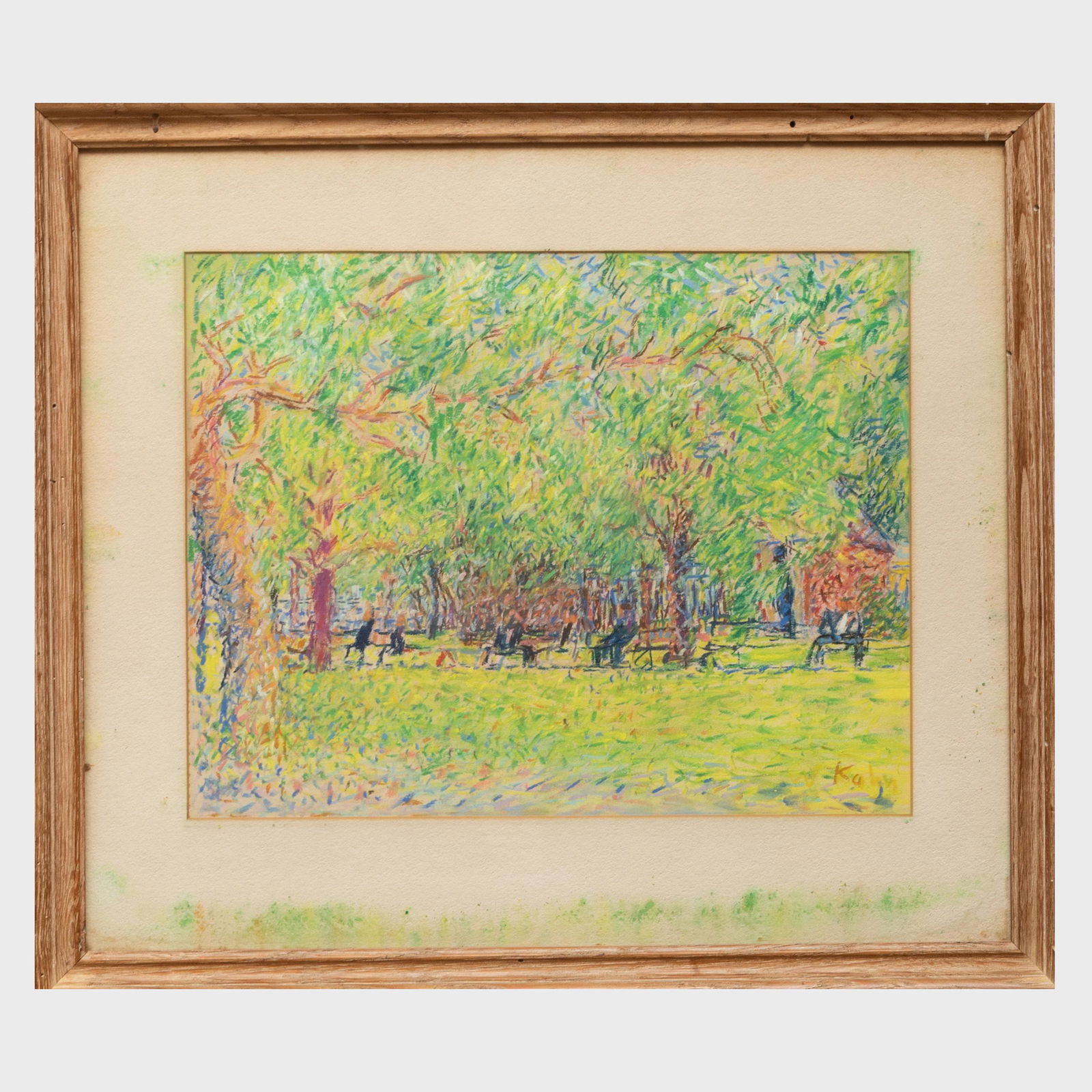 Wolf Kahn (b. 1927): Park with Figures on Benches: Wolf Kahn (b. 1927): Park with Figures on Benches Pastel on paper, signed 'W Kahn' lower right. 10 1/2 x 13 1/2 in. (sight), 17 x 19 in. (frame). Property from the Estate of Ethel Confino