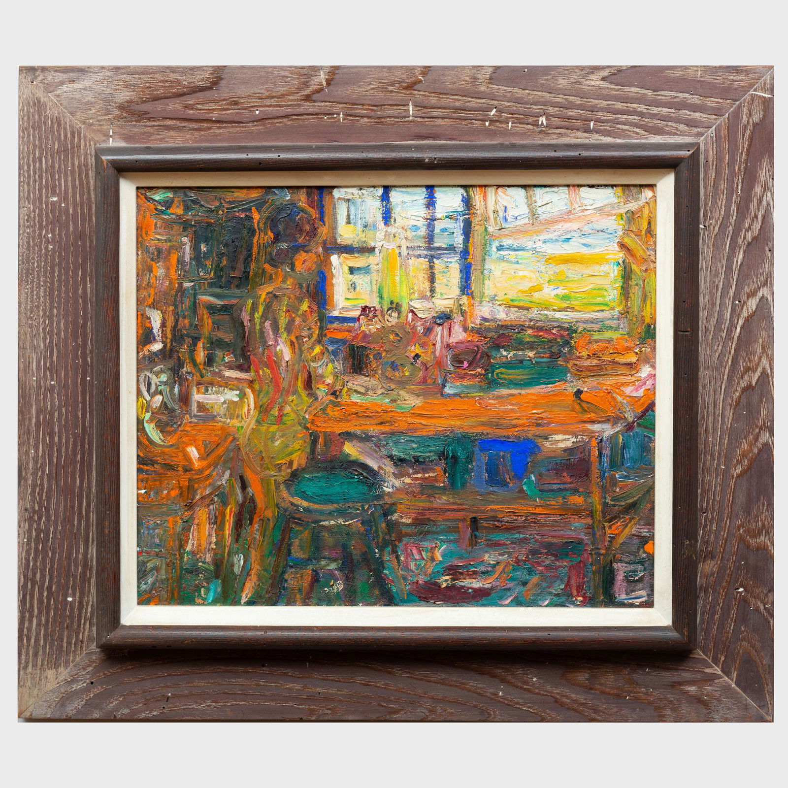 Wolf Kahn (b. 1927): Interior with Woman at Table: Wolf Kahn (b. 1927): Interior with Woman at Table Oil on canvas, signed 'W Kahn' on the stretcher, with label from Ann Ross Gallery, White Plains, NY. 15 x 18 in., 23 1/4 x 16 1/4 in. (frame). Propert