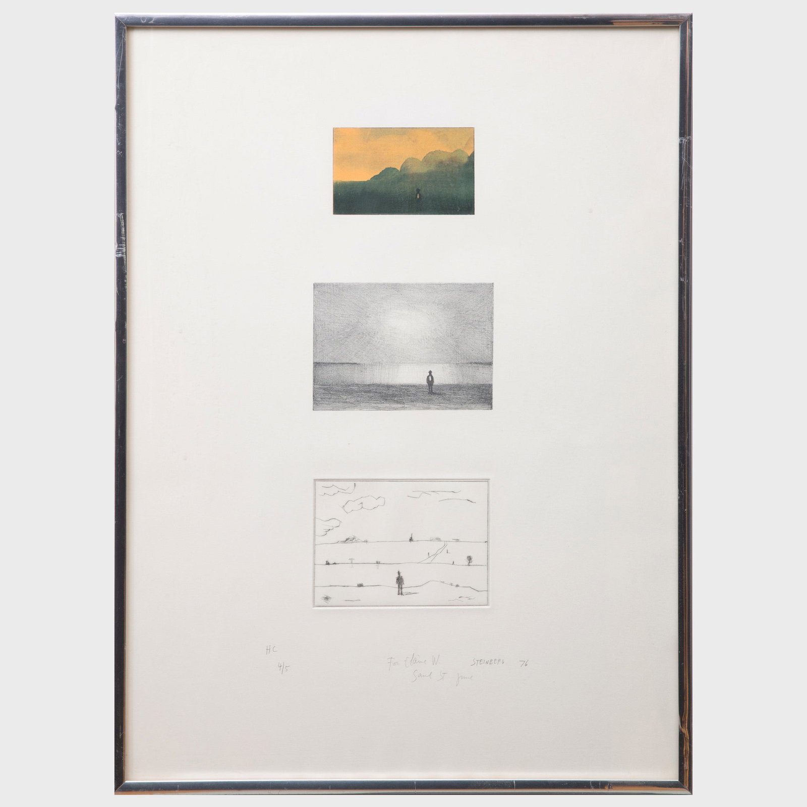 Saul Steinberg (1914-1999): Three Landscapes: Saul Steinberg (1914-1999): Three Landscapes Lithograph, screenprint and etching in colors on wove paper, 1976, signed, dated and inscribed 'For Elaine W.' in pencil , numbered 'HC 4/5' , with label