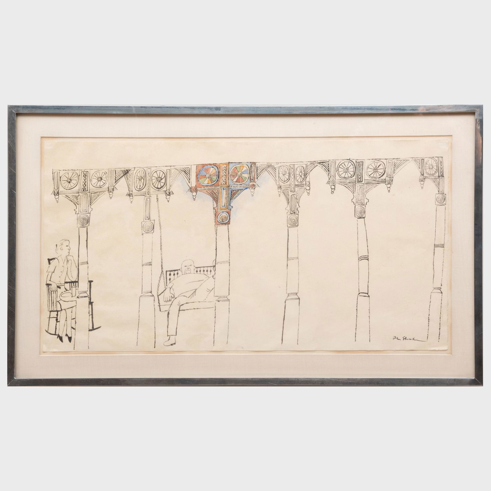 Ben Shahn (1898-1969): Porch with Two Figures: Ben Shahn (1898-1969): Porch with Two Figures Ink and watercolor on paper, 1953, signed 'Ben Shahn' lower right. 13 x 25 in. (sheet), 17 1/2 x 29 1/4 in. (frame). Perls Gallery; Ira Herbert; Elaine G.