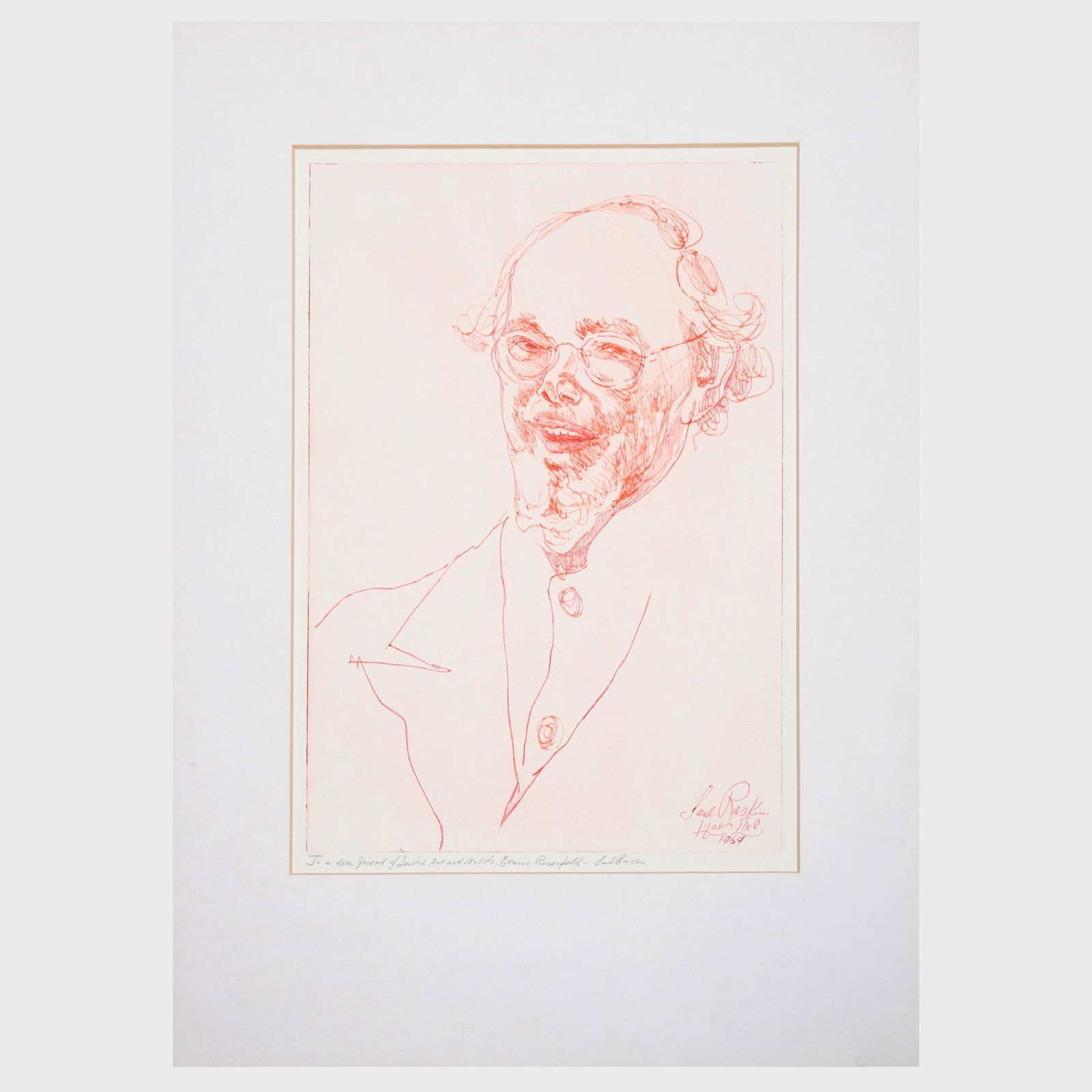 Saul Raskin (1878-1966): Portrait of a Man: Saul Raskin (1878-1966): Portrait of a Man Etching in red on wove paper, 1964, signed and dated in red ink, inscribed 'To a dear friend of Jewish Art and Artists, Elaine Rosenfeld--Saul Raskin' in pen