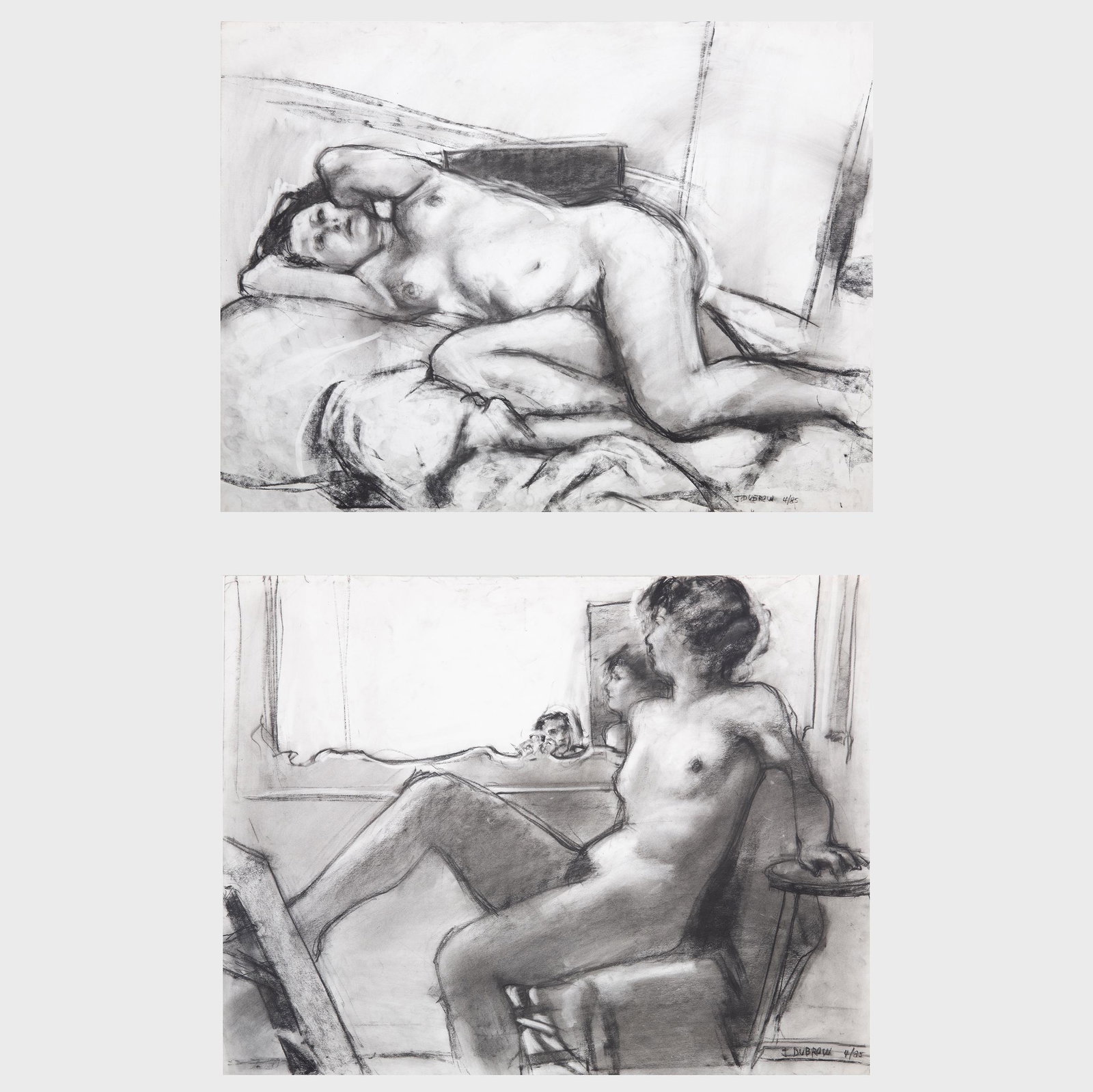John Dubrow (b. 1958): Reclining Nude; and Seated Nude: John Dubrow (b. 1958): Reclining Nude; and Seated Nude Two charcoal on paper signed, 1985, both signed 'J. Dubrow' and dated lower right. Both 23 x 29 in. (sheet), unframed.