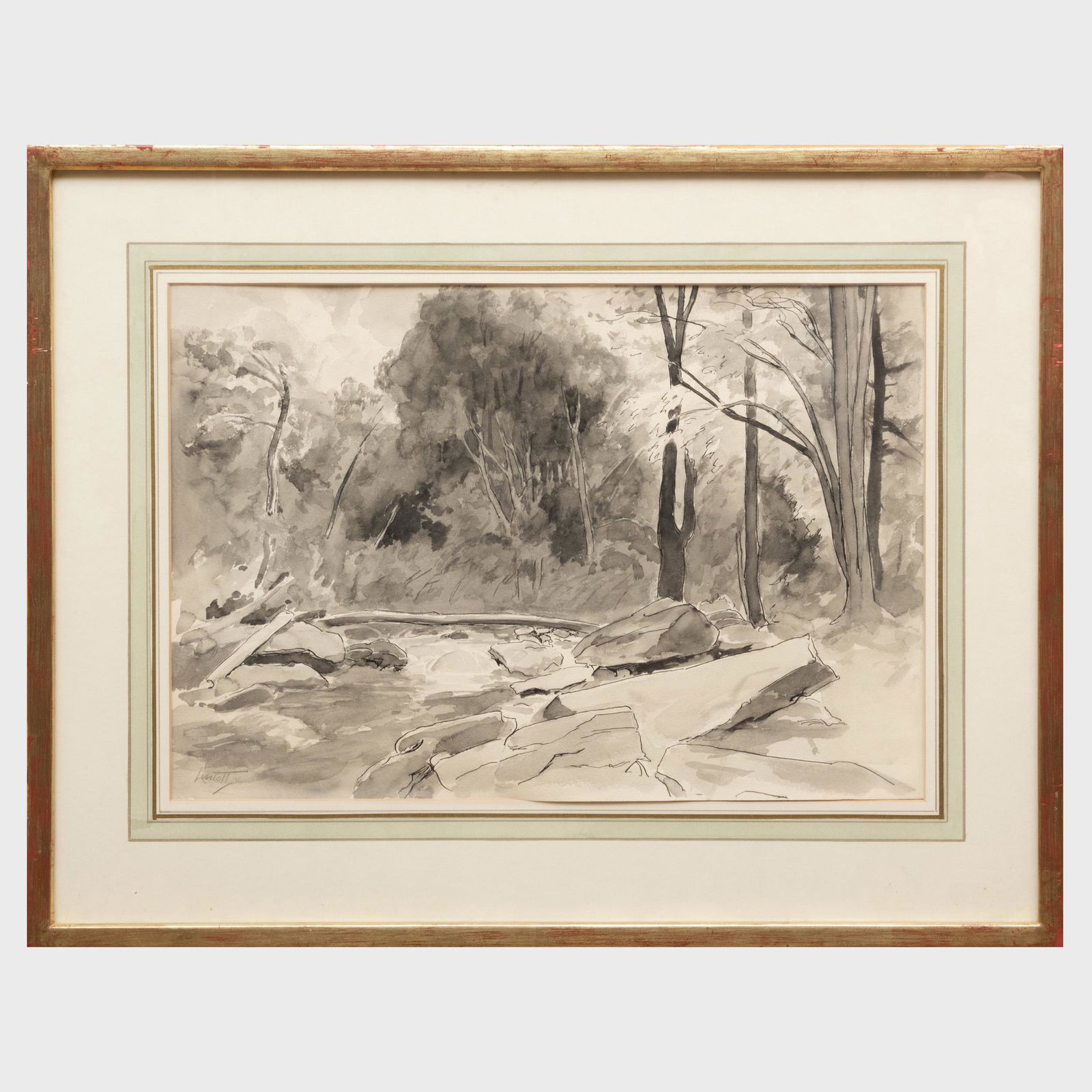 Edward Barnard Lintott (1875-1951): Brook in: Edward Barnard Lintott (1875-1951): Brook in Connecticut Ink and wash on paper, 1936, signed 'Lintott' lower left, with label from Elaine G. Weitzen Fine Arts, NY. 14 x 20 in. (sheet), 21 x 27 in. (fr