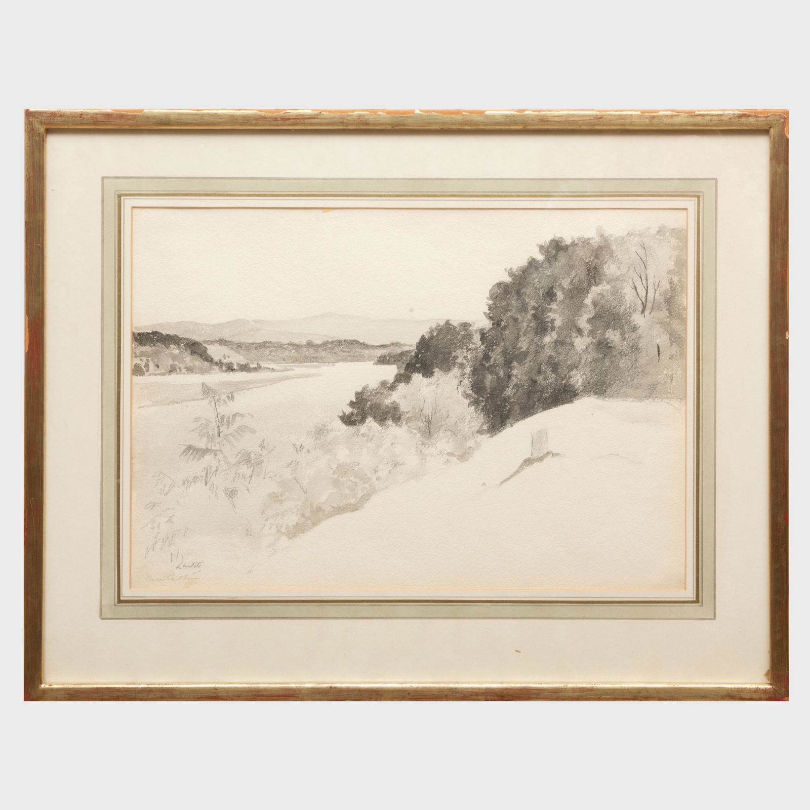 Edward Barnard Lintott (1875-1951): Connecticut River: Edward Barnard Lintott (1875-1951): Connecticut River Pencil and wash on paper, signed 'Lintott' and titled lower left, with label from Clayton Liberatoire. 14 x 20 in. (sheet), 21 x 27 in. (frame).