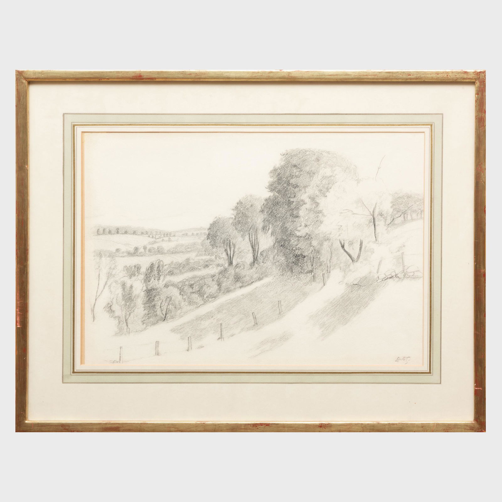 Edward Barnard Lintott (1875-1951): Hills and Valleys,: Edward Barnard Lintott (1875-1951): Hills and Valleys, Connecticut Pencil on paper, 1936, signed 'Lintott' with label from Elaine G. Weitzen Fine Arts, NY. 14 x 20 in. (sheet), 21 x 27 in. (frame).