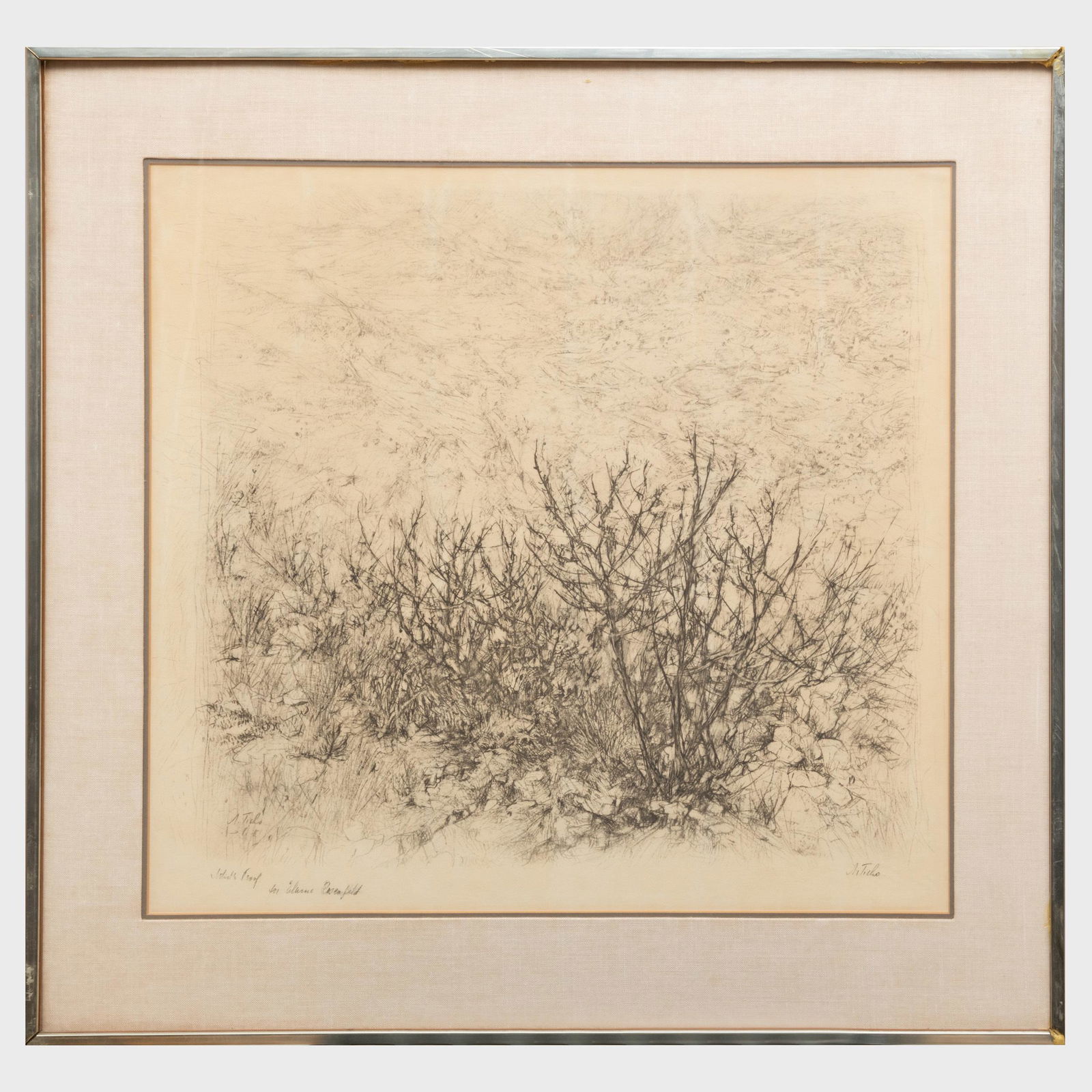 Anna Ticho (1894-1980): Jerusalem Brush: Anna Ticho (1894-1980): Jerusalem Brush Lithograph in black on wove paper, signed in pencil, inscribed 'Artist's Proof' and 'To Elaine Rosenfeld'. 21 x 22 3/4 in. (sight), 28 x 29 in. (frame). Gift of