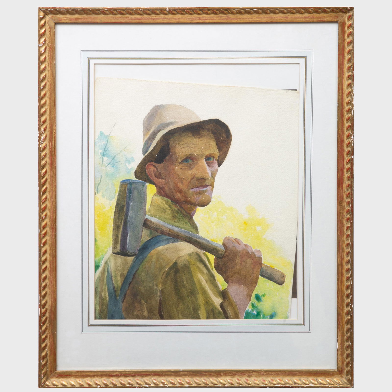Alphaeus P. Cole (1876-1988): Man with a Hammer; and: Alphaeus P. Cole (1876-1988): Man with a Hammer; and Still Life Two-sided watercolor on paper, 1938, signed 'Alphaeus Cole' lower right. 21 x 18 in. (sheet), 32 1/4 x 26 1/2 in. (frame).