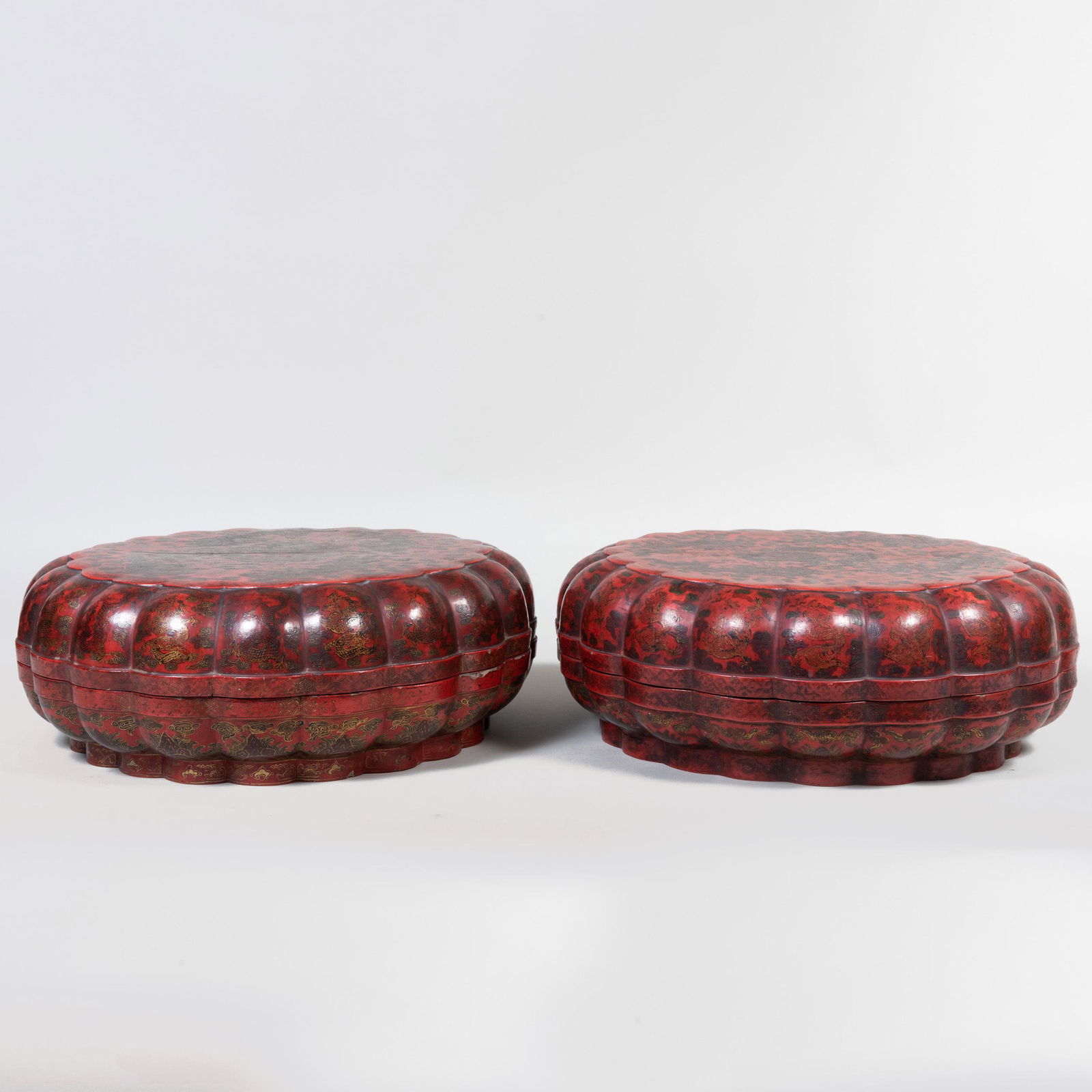 Pair of Large Chinese Red Lacquer and Parcel-Gilt Lobed (1 of 5)