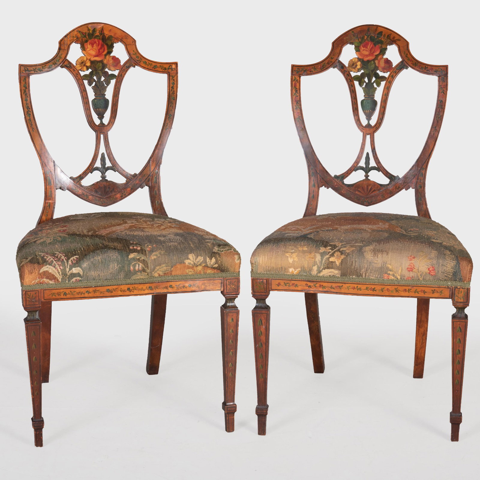 Pair of Edwardian Painted Side Chairs: Pair of Edwardian Painted Side Chairs Fitted with leather seats. 32 3/4 x 35 1/4 x 20 in. Property from the Repository of a Distinguished Businessman