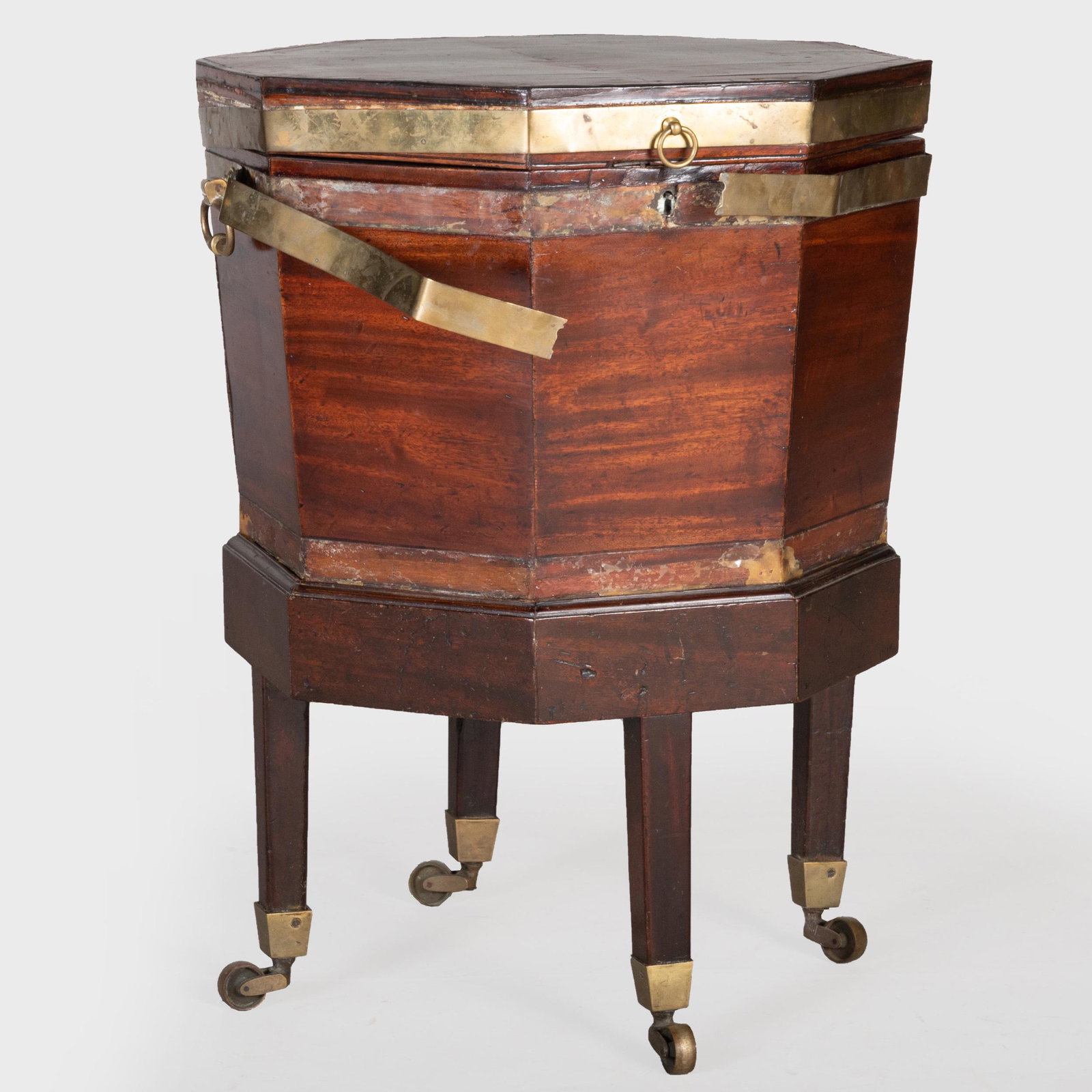 George III Brass-Banded Mahogany Cellarette: George III Brass-Banded Mahogany Cellarette 24 1/2 x 17 in. diam. Property from the Repository of a Distinguished Businessman