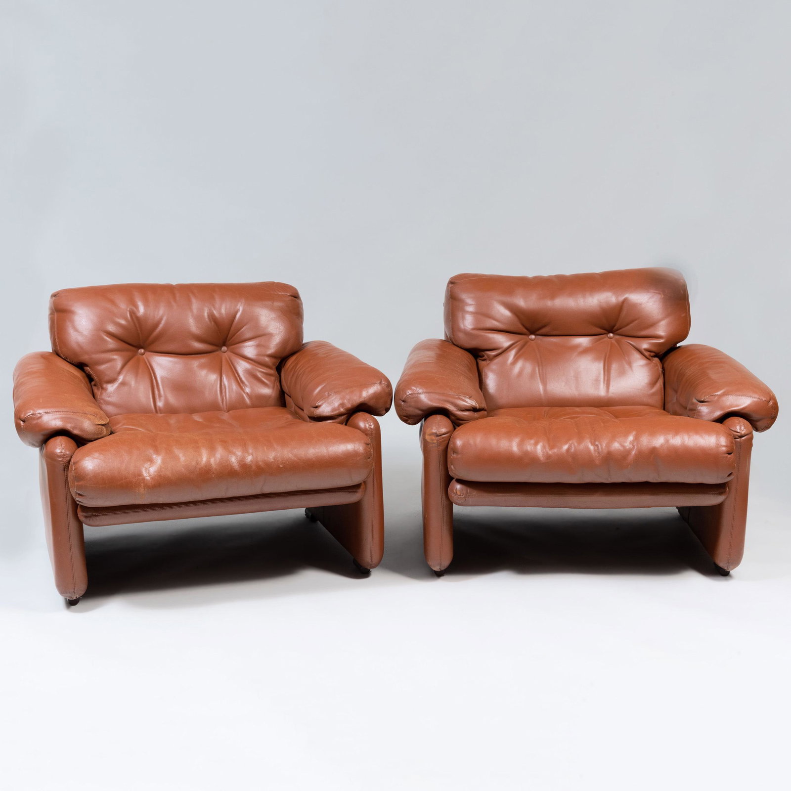 Pair of Tobia Scarpa 'Coronado' Brown Leather Chairs,: Pair of Tobia Scarpa 'Coronado' Brown Leather Chairs, for B & B Italia With label. 29 x 37 x 37 in.