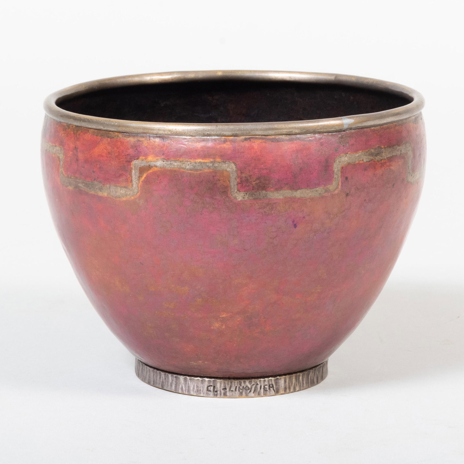 Claude Linossier Style Red Patinated Metal Vase: Claude Linossier Style Red Patinated Metal Vase Signed with a spurious CL. 4 1/4 x 5 1/2 in. diam.
