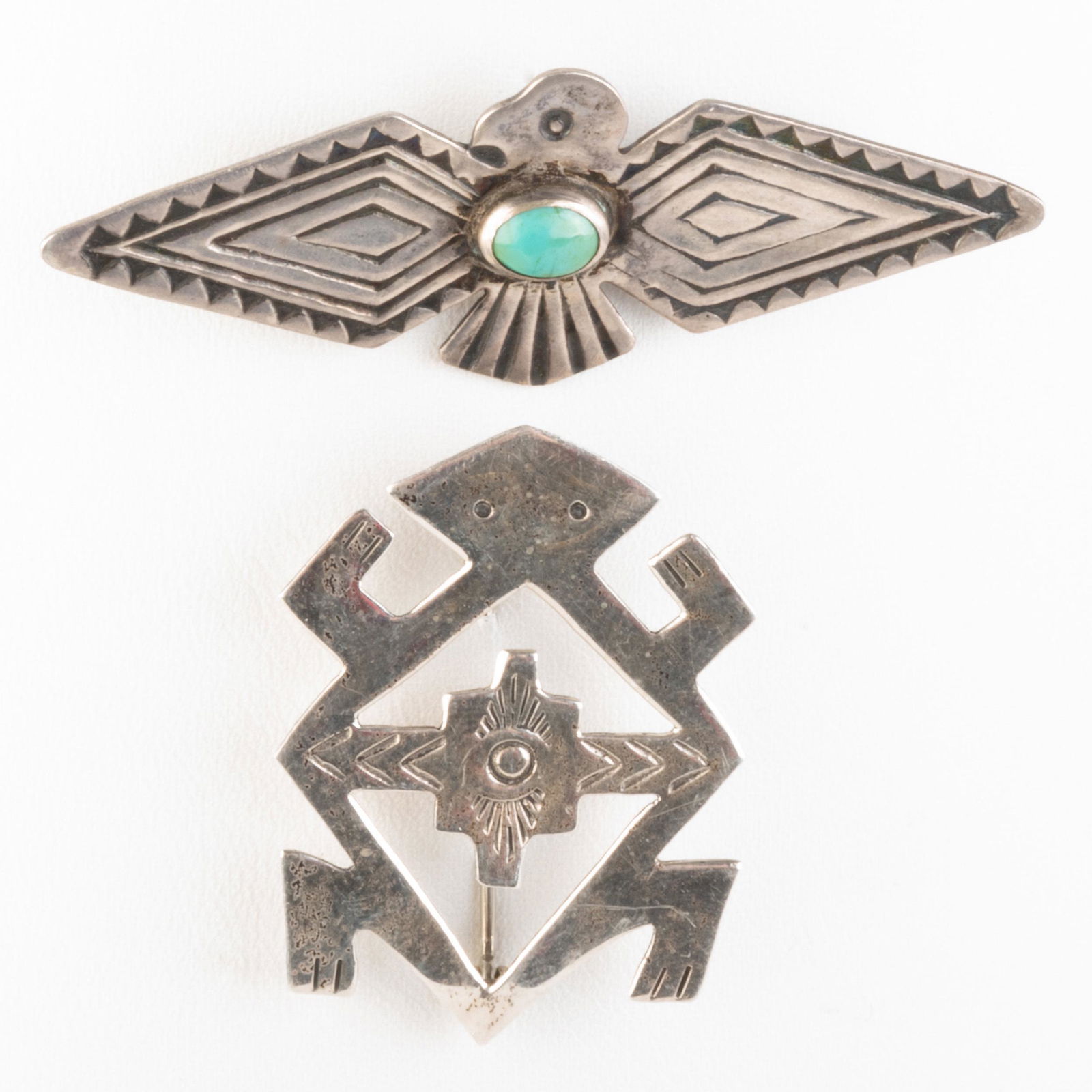 Navajo Silver and Turquoise Eagle Pin and a Robert: Navajo Silver and Turquoise Eagle Pin and a Robert Johnson Silver Frog Pin