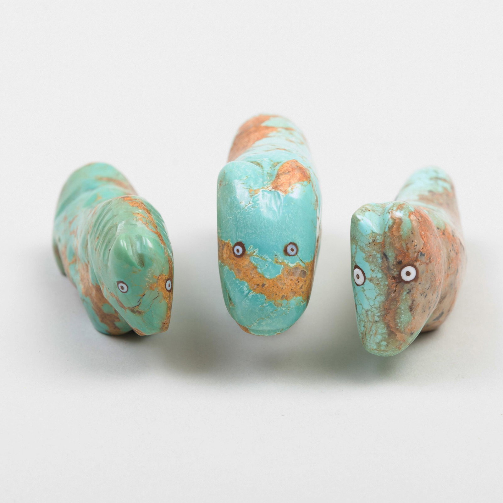 Group of Three Zuni Turquoise Fetishes, of a Wolf, a: Group of Three Zuni Turquoise Fetishes, of a Wolf, a Bear and a Horse