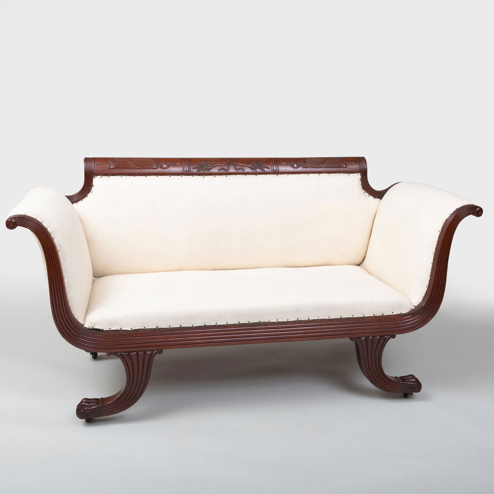 Fine and Rare Small Federal Carved Mahogany Sofa,: Fine and Rare Small Federal Carved Mahogany Sofa, Attributed to the Workshop of Duncan Phyfe, New York