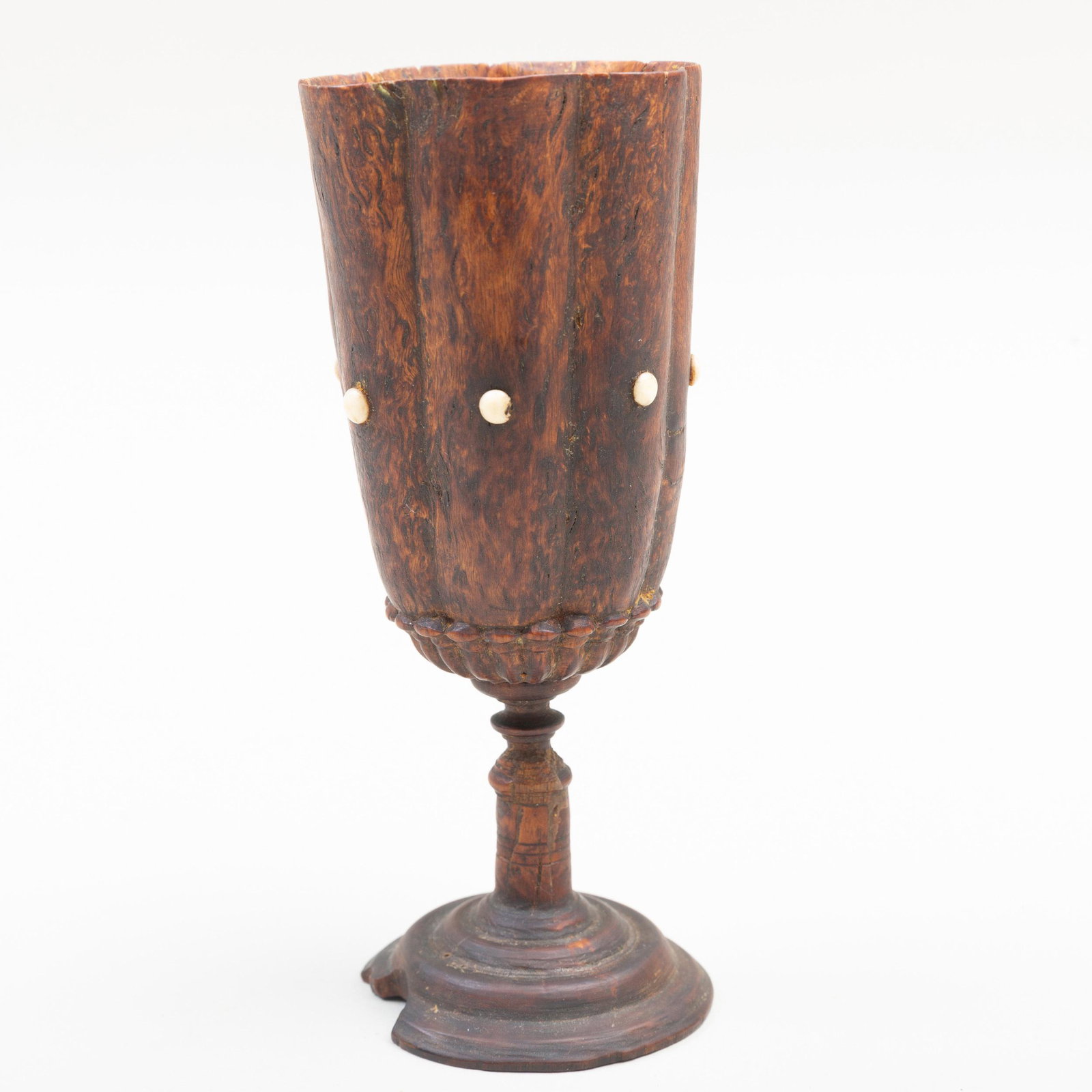Scandinavian Turned Burlwood and Bone Heptagonal Goblet: Scandinavian Turned Burlwood and Bone Heptagonal Goblet