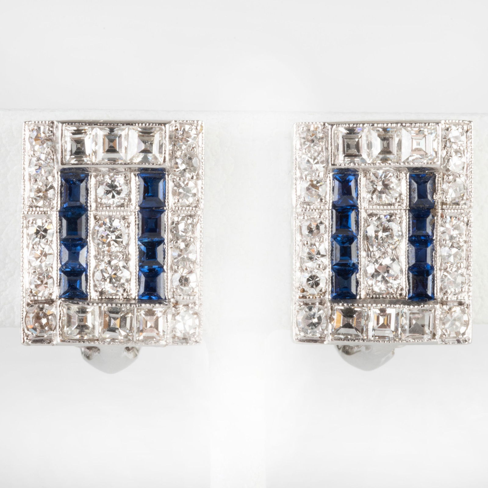 Pair of 14k White Gold, Diamond and Sapphire Earclips (1 of 4)