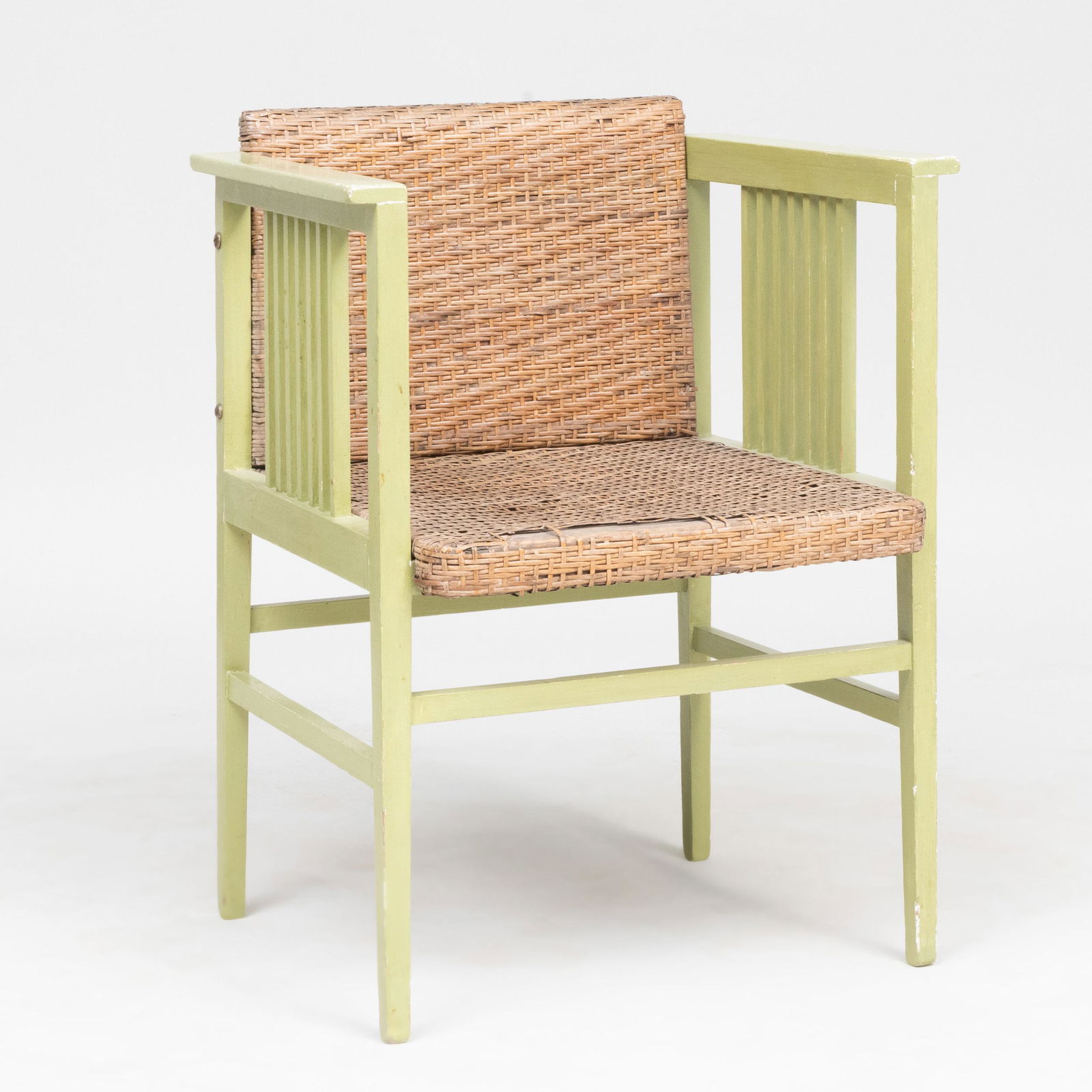Hans Vollmer Green Painted and Caned Armchair: Hans Vollmer Green Painted and Caned Armchair 29 1/2 x 23 x 20 in. Gunther Stefan Asenbaum