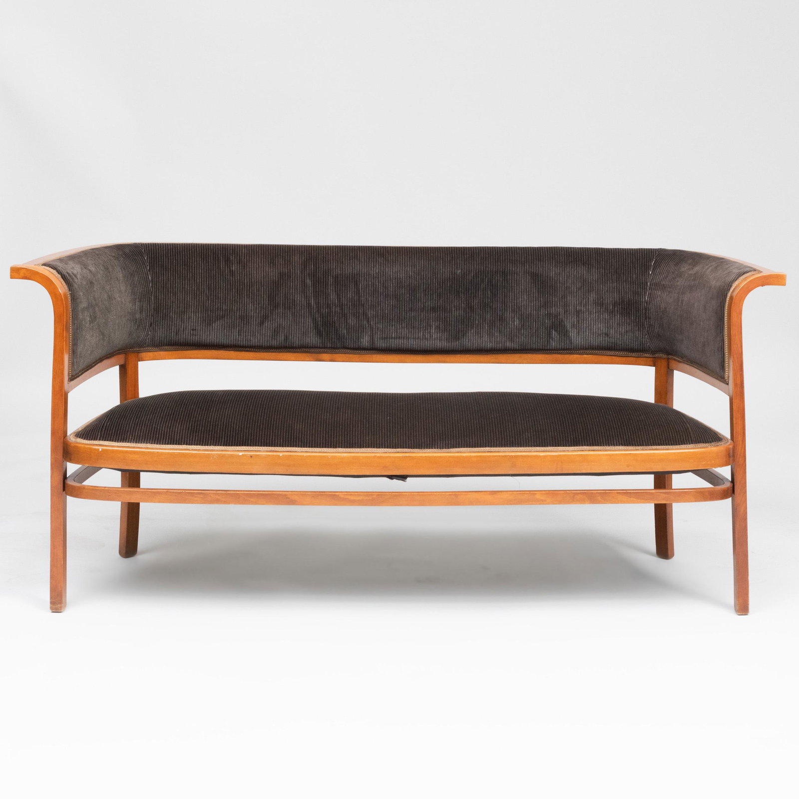 Oak and Velvet Settee, by J. & J. Kohn or Gebrüder: Oak and Velvet Settee, by J. & J. Kohn or Gebrüder Thonet 30 x 5 ft. 6 in. x 25 in. Barry Friedman, Ltd.