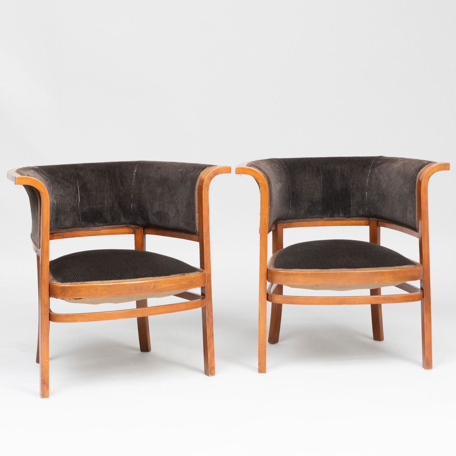 Pair of Marcel Kammerer Oak and Velvet Armchairs: Pair of Marcel Kammerer Oak and Velvet Armchairs 30 1/2 x 32 x 23 in. Barry Friedman, Ltd.